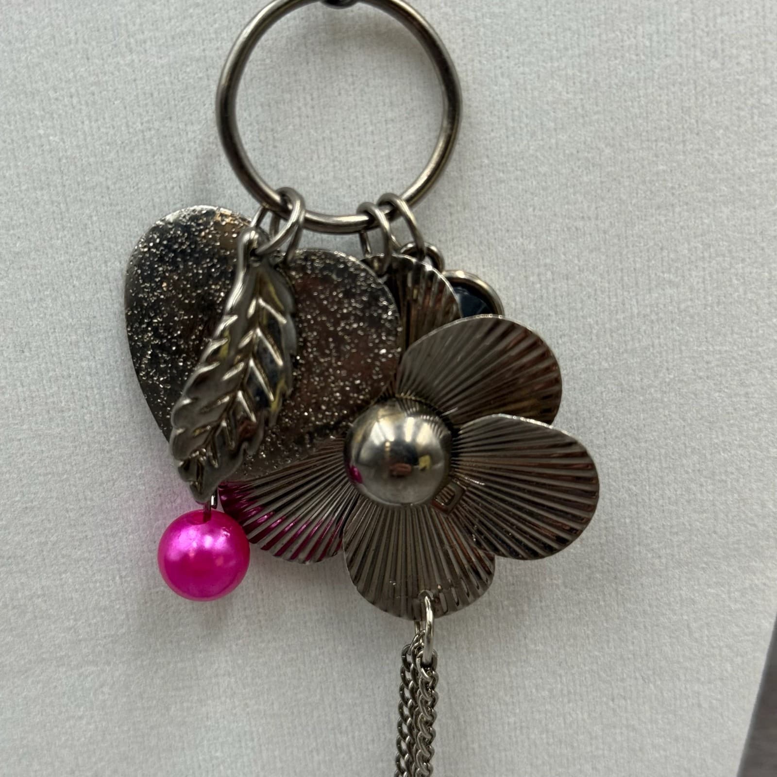 Vintage Gunmetal Tone Floral Flower Pink Bead Tassel Charms Drop Pendant - Thumbnail 9