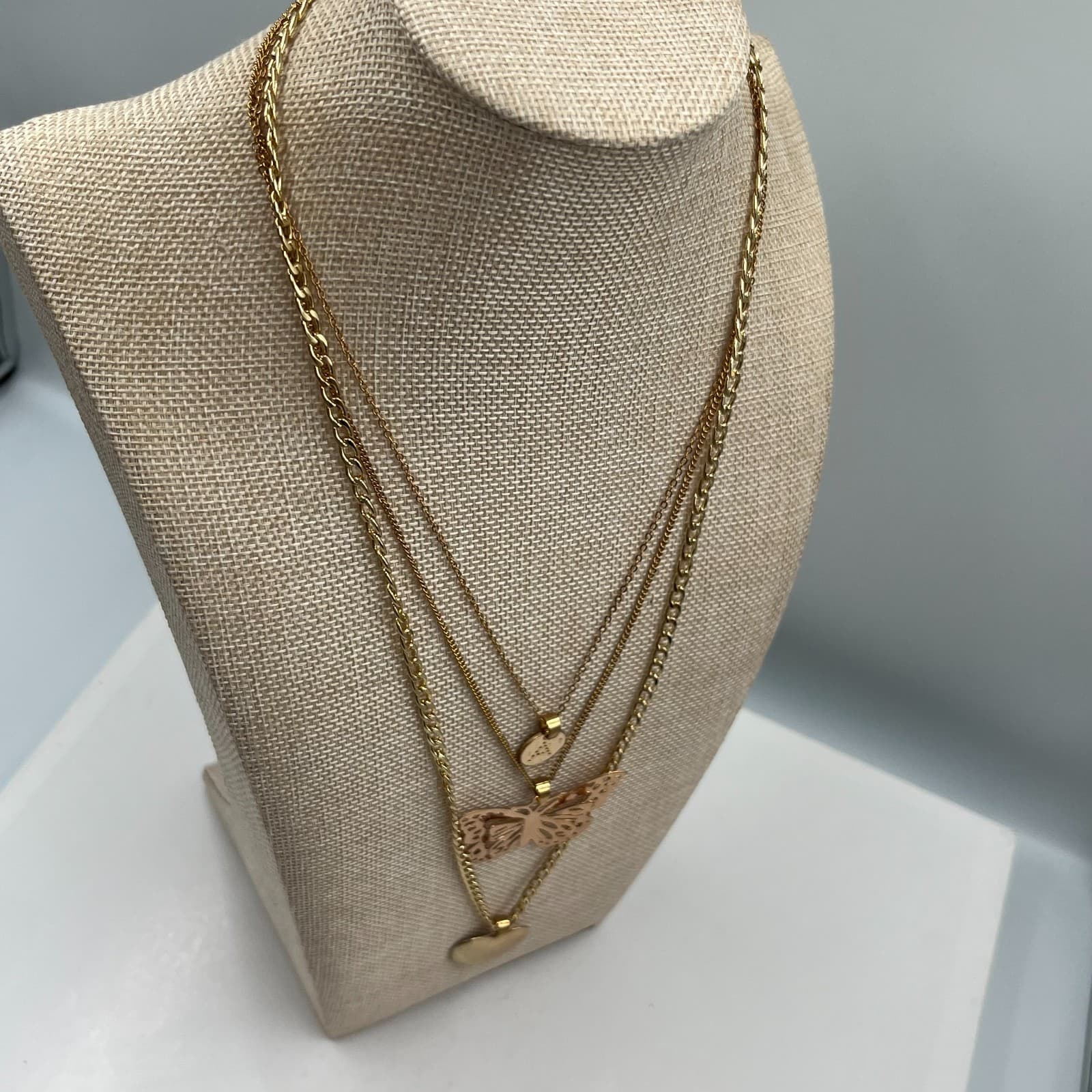 Vtg Gold Tone Multi Strand Layered Necklace Butterfly Heart Disc Boho Jewelry - Thumbnail 5