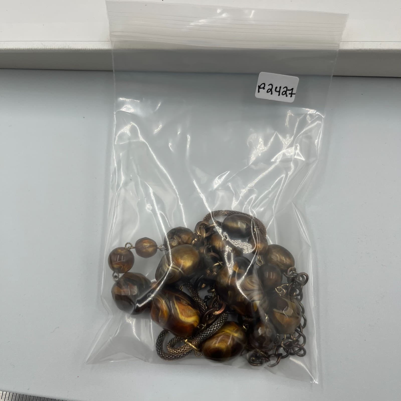 Vintage Amber Beaded Necklace Bronze Tone Mesh Link Chain Statement Boho 18" - Thumbnail 9