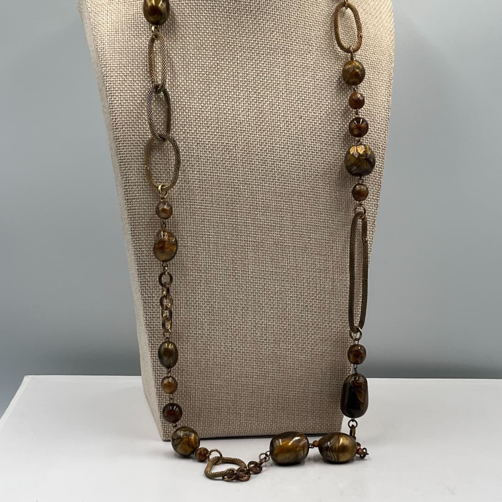 Vintage Amber Beaded Necklace Bronze Tone Mesh Link Chain Statement Boho 18" - Thumbnail 5