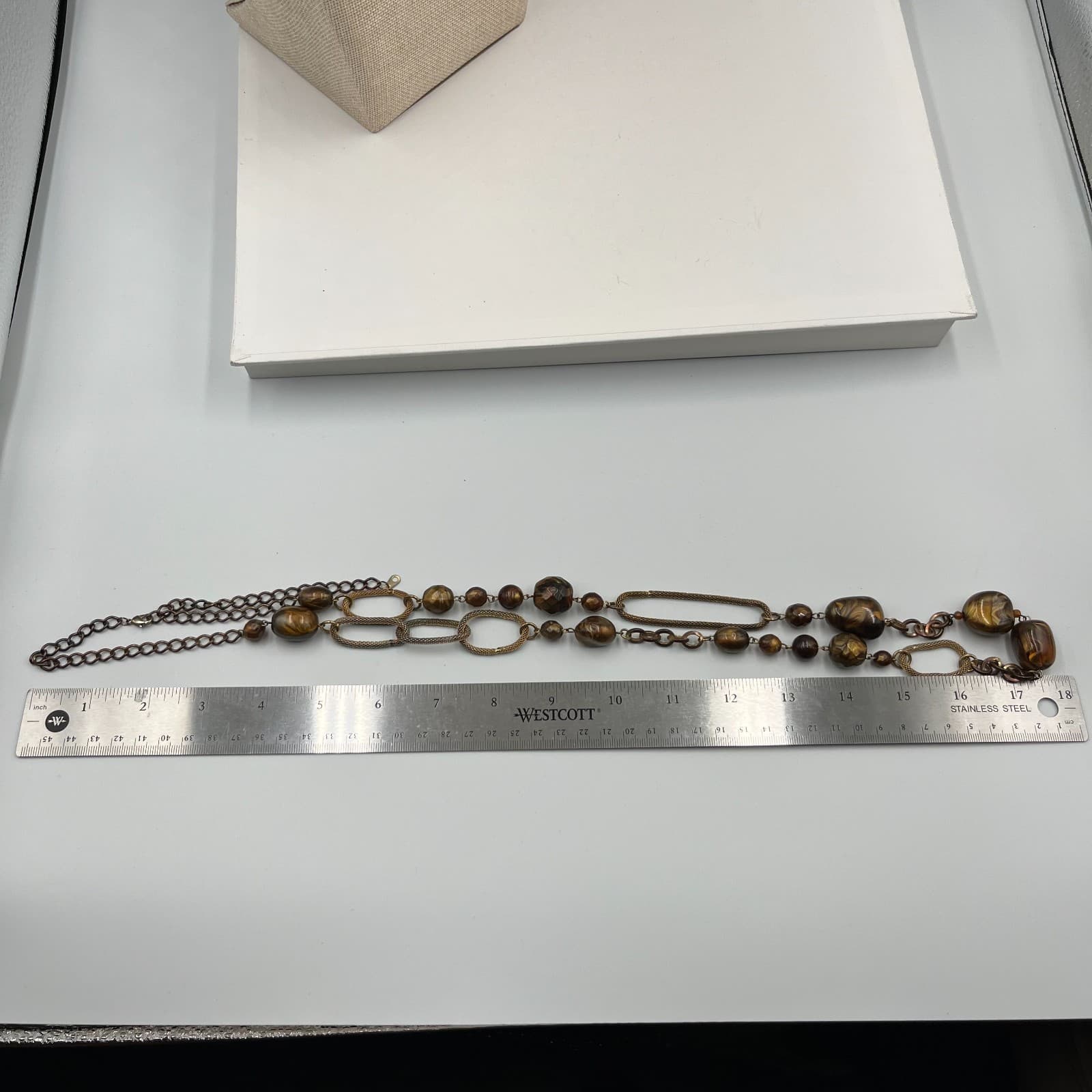 Vintage Amber Beaded Necklace Bronze Tone Mesh Link Chain Statement Boho 18" - Thumbnail 8