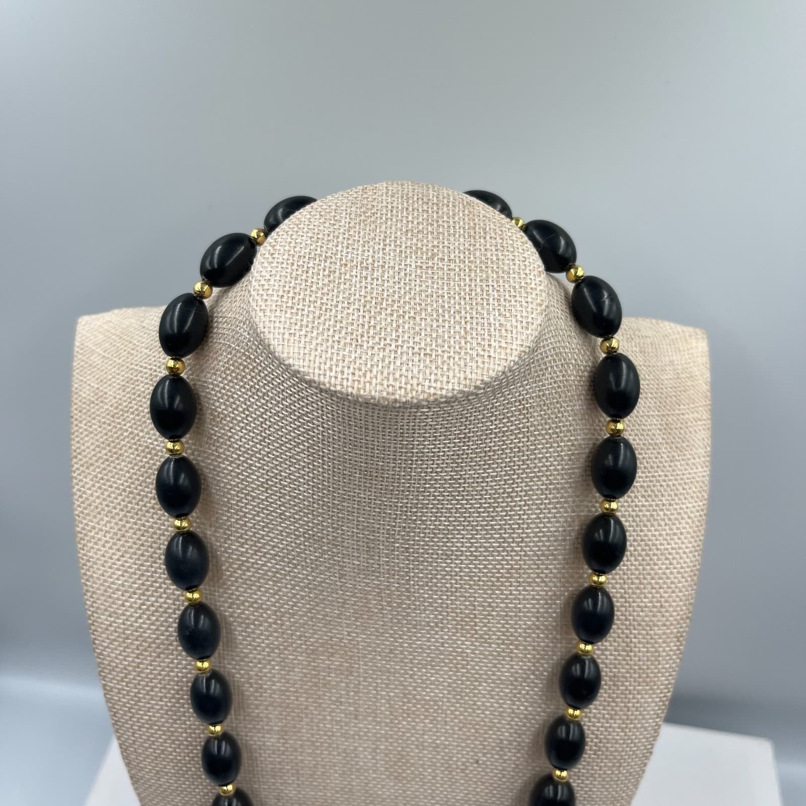 Vintage Black Beaded Necklace Gold Tone Spacers Barrel Clasp 24" Oval Beads MCM - Thumbnail 2