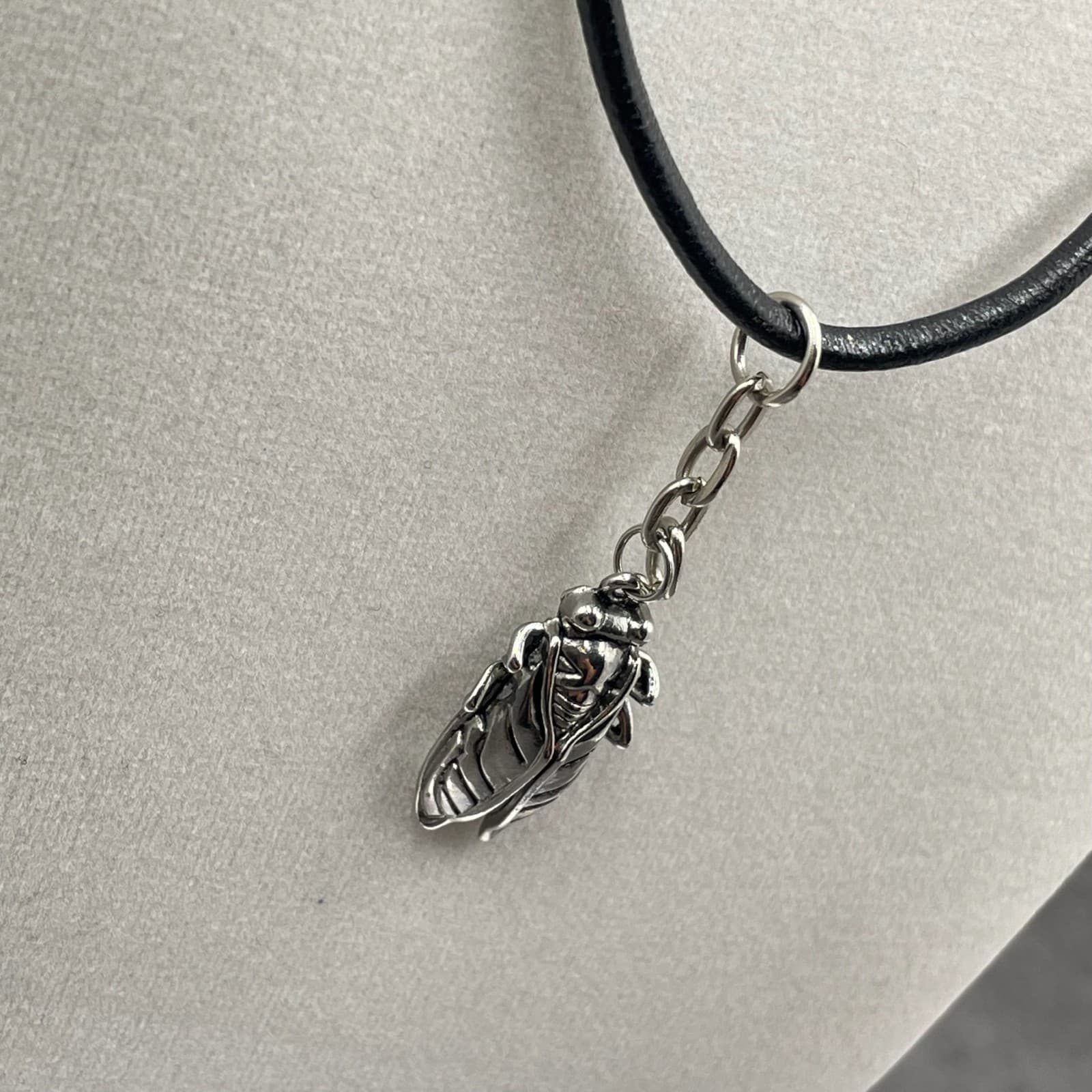 Vintage Black Leather Choker Silver-Toned Scarab Beetle Necklace - Size 17" - Thumbnail 12