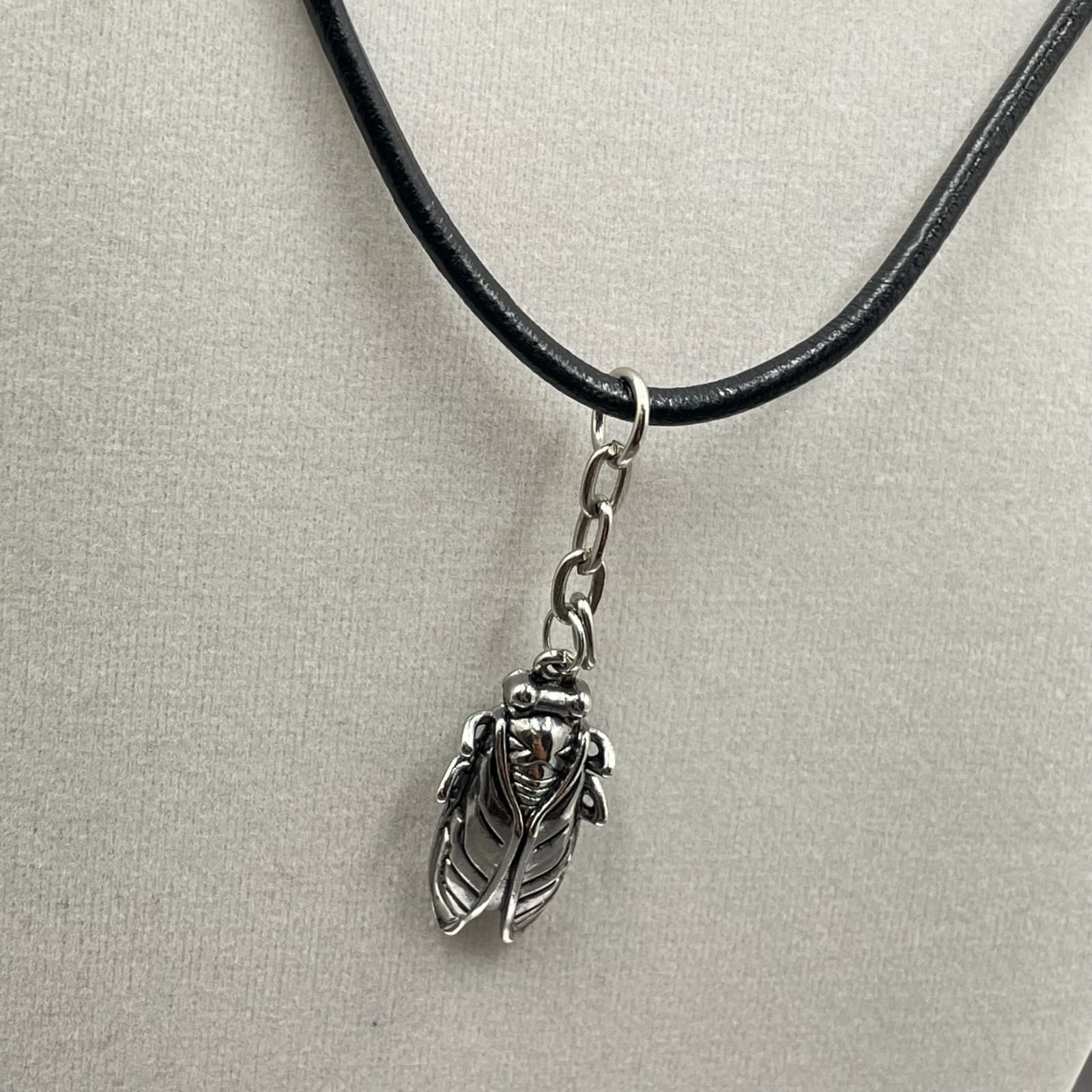 Vintage Black Leather Choker Silver-Toned Scarab Beetle Necklace - Size 17" - Thumbnail 11