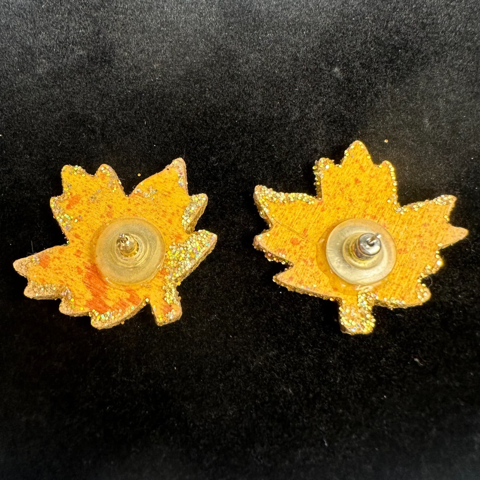 Vintage Glitter Maple Leaf Earrings Autumn Fall Harvest Theme - Thumbnail 3