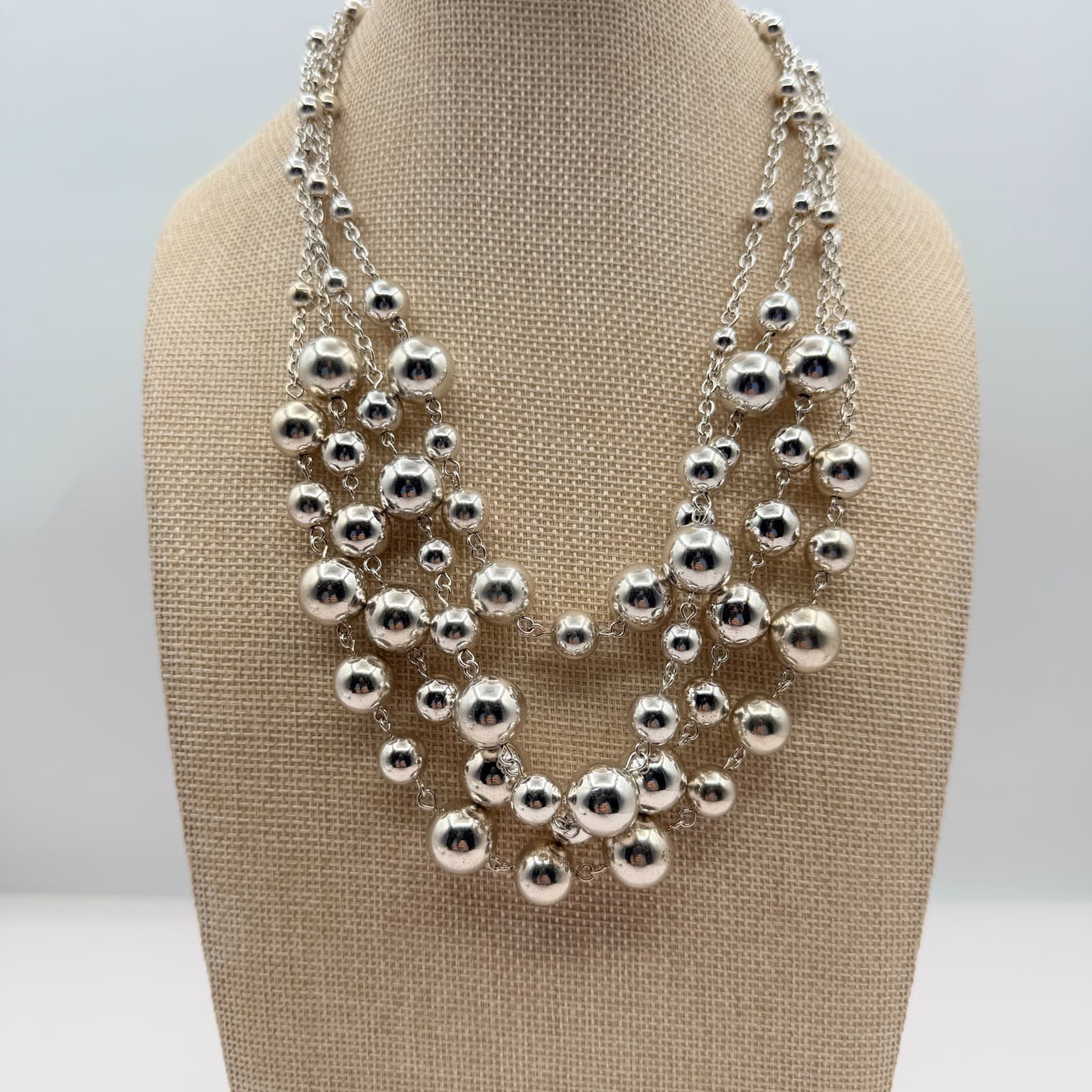 Vintage 80s Strand Silver Tone Ball Beaded Collar Necklace Statement Bib Jewelry - Image 1