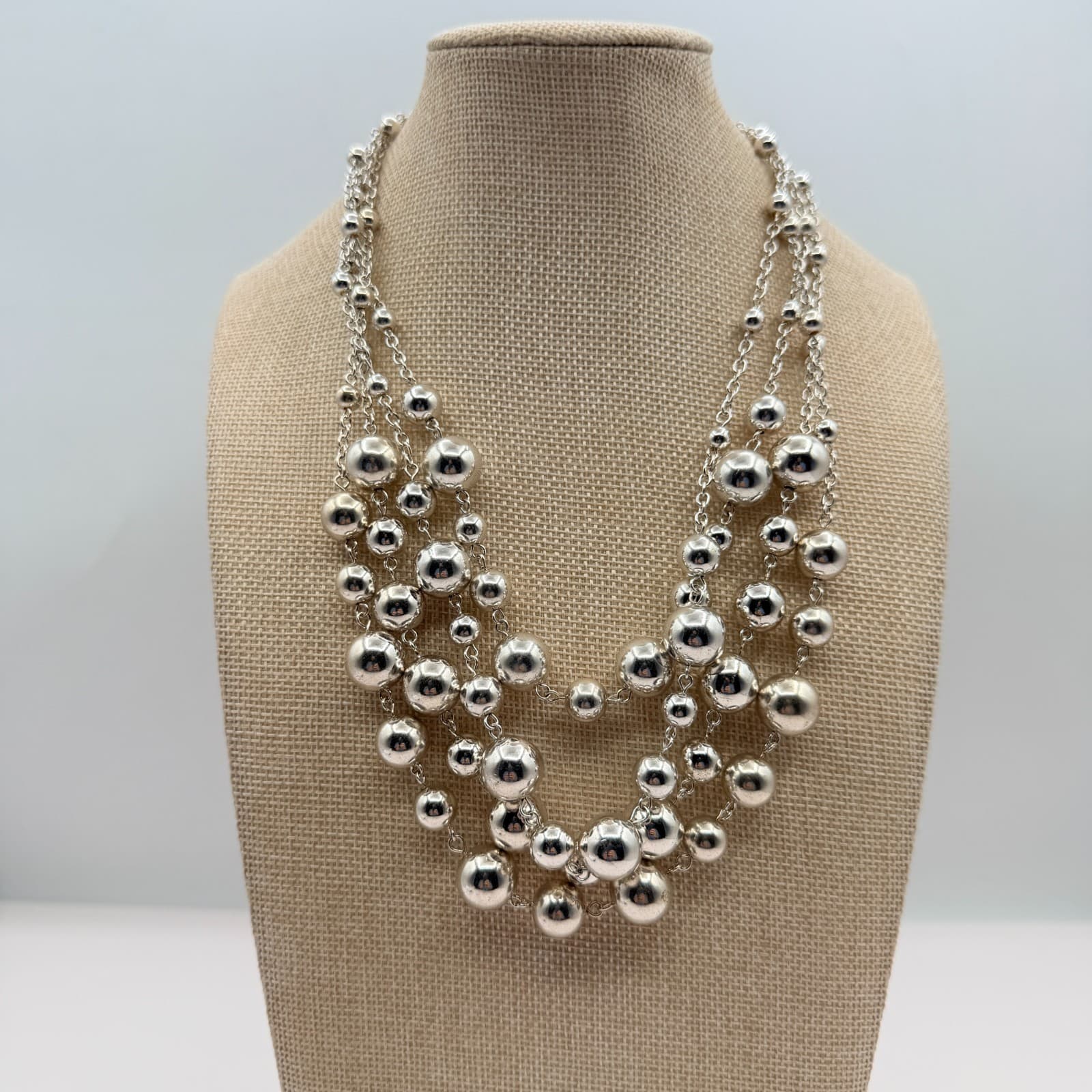 Vintage 80s Strand Silver Tone Ball Beaded Collar Necklace Statement Bib Jewelry - Thumbnail 2