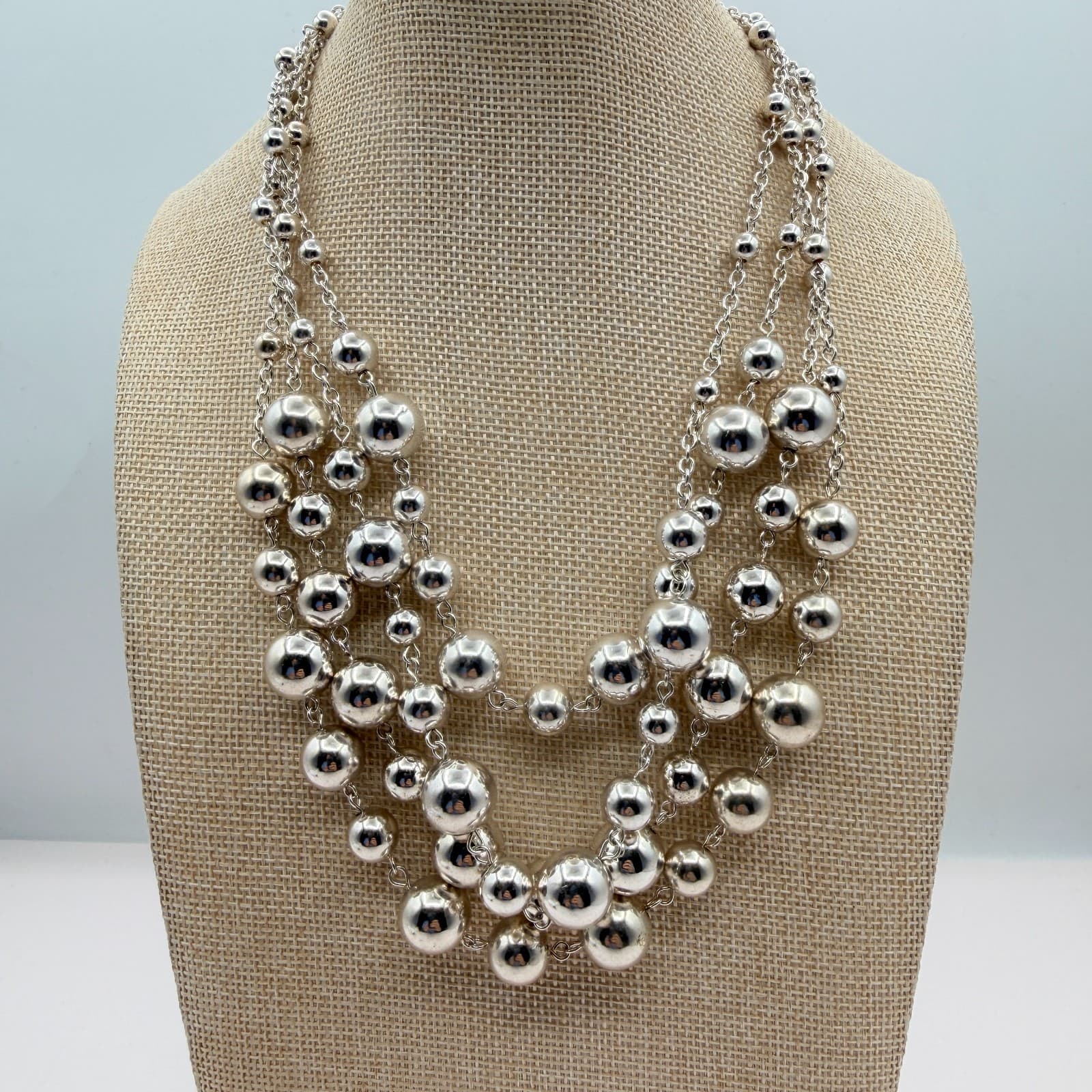 Vintage 80s Strand Silver Tone Ball Beaded Collar Necklace Statement Bib Jewelry - Thumbnail 7