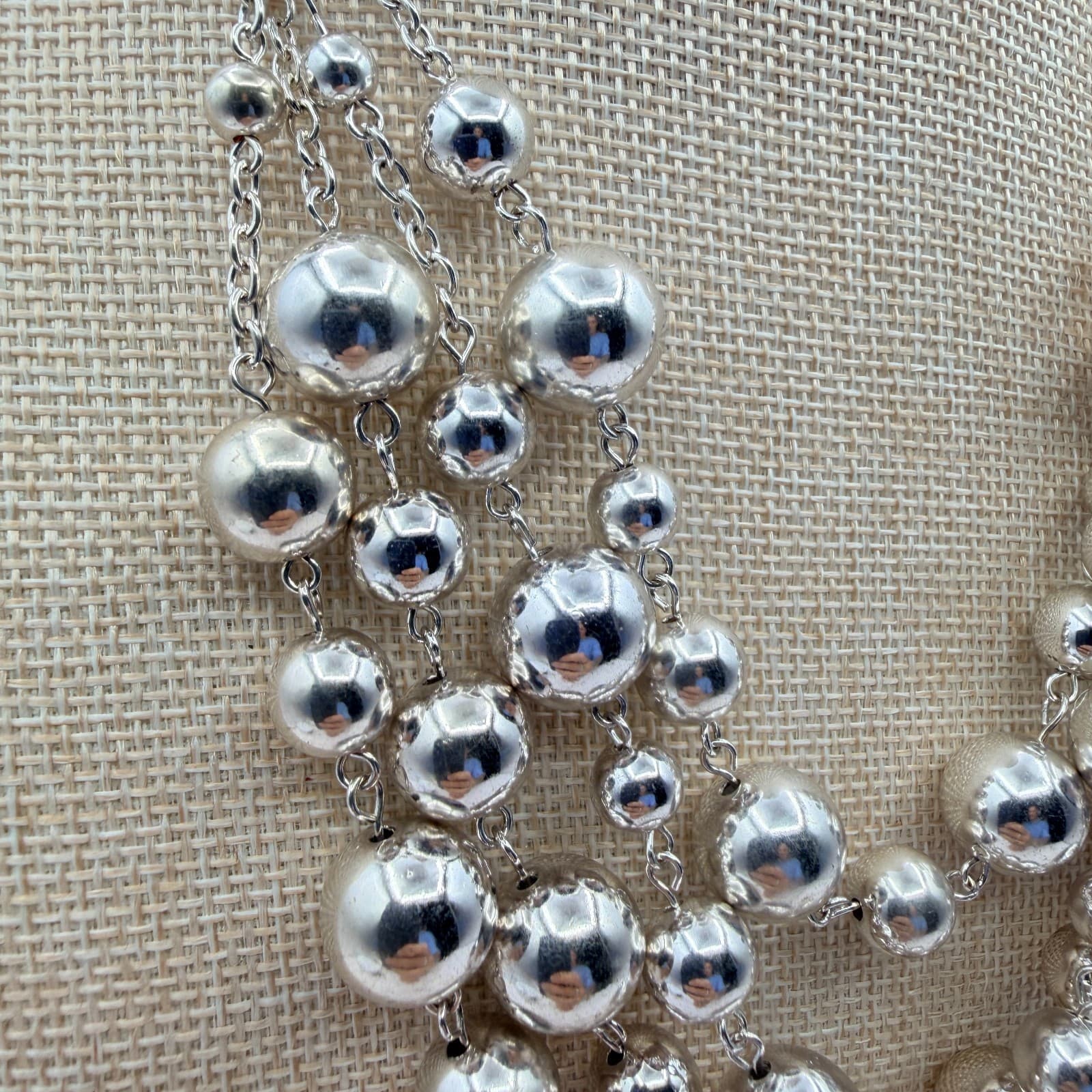 Vintage 80s Strand Silver Tone Ball Beaded Collar Necklace Statement Bib Jewelry - Thumbnail 4