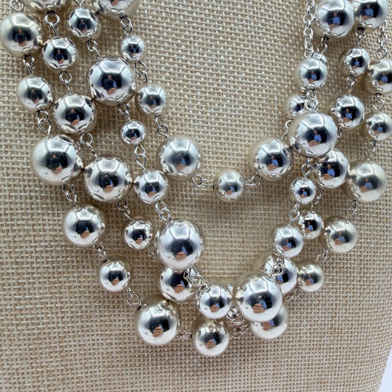 Vintage 80s Strand Silver Tone Ball Beaded Collar Necklace Statement Bib Jewelry - Thumbnail 6