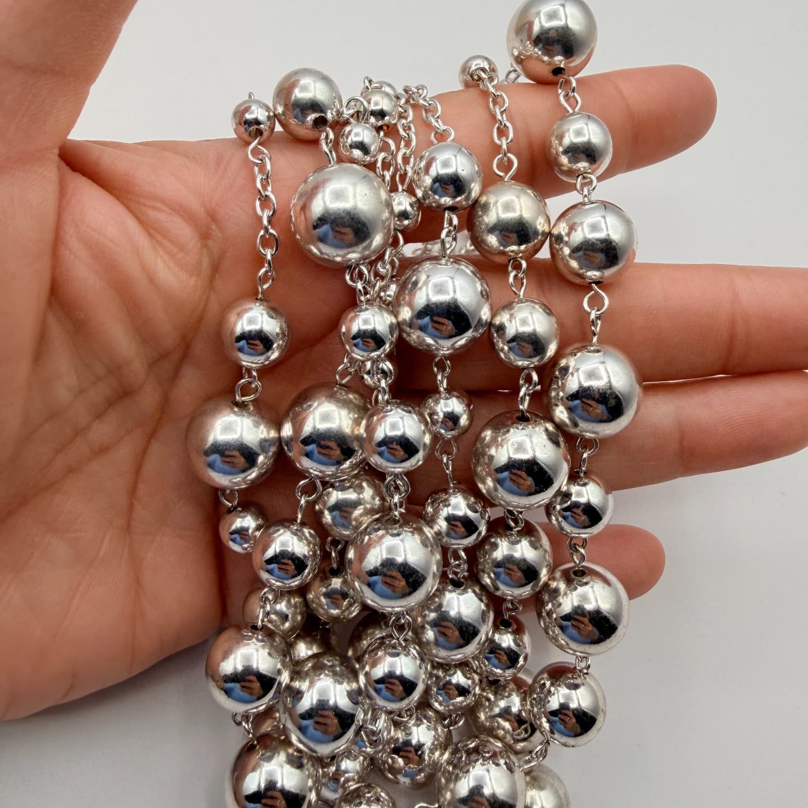 Vintage 80s Strand Silver Tone Ball Beaded Collar Necklace Statement Bib Jewelry - Thumbnail 9