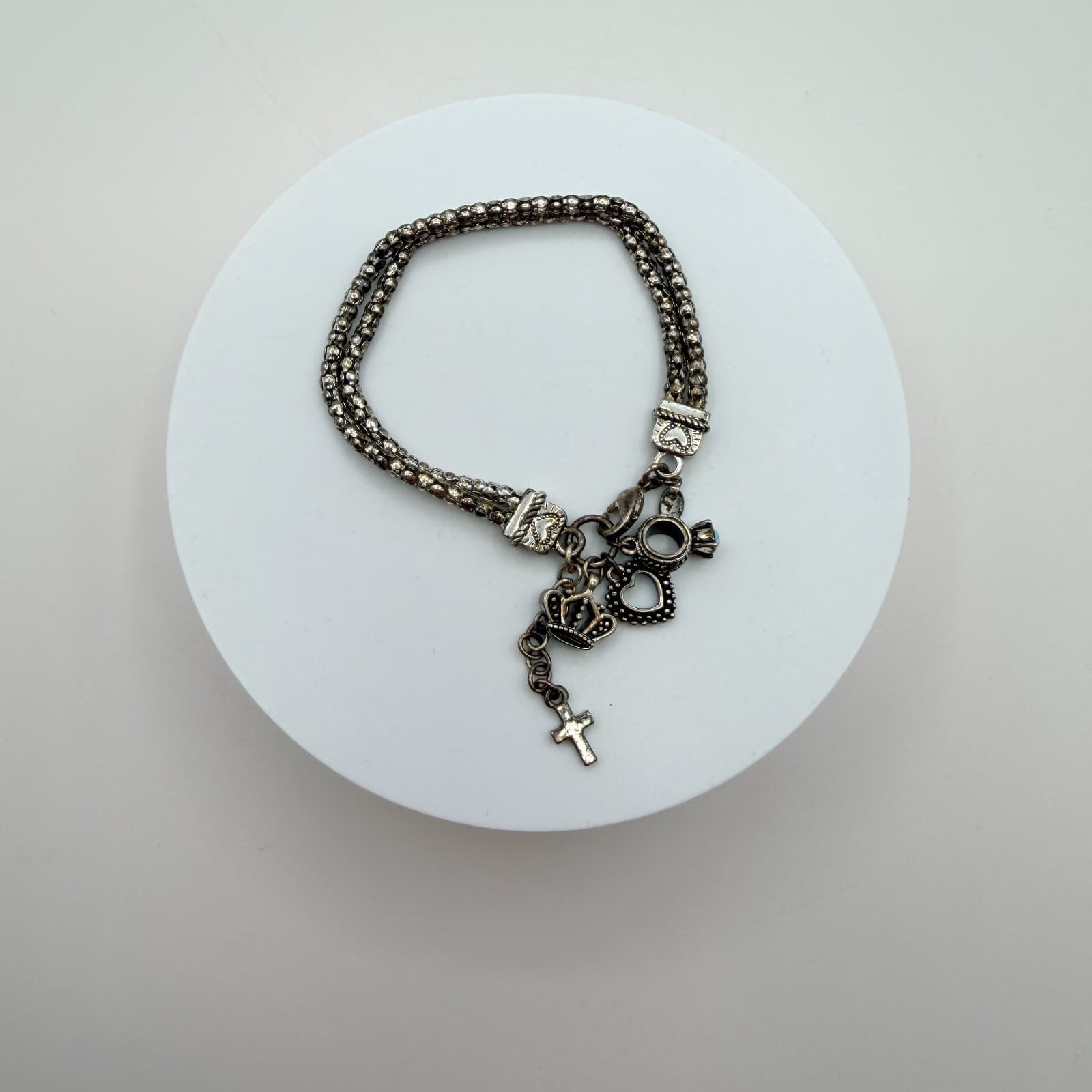 Vintage 90s Silver Tone AB Rhinestone Charm Bracelet Religious Women's Jewelry - Thumbnail 2