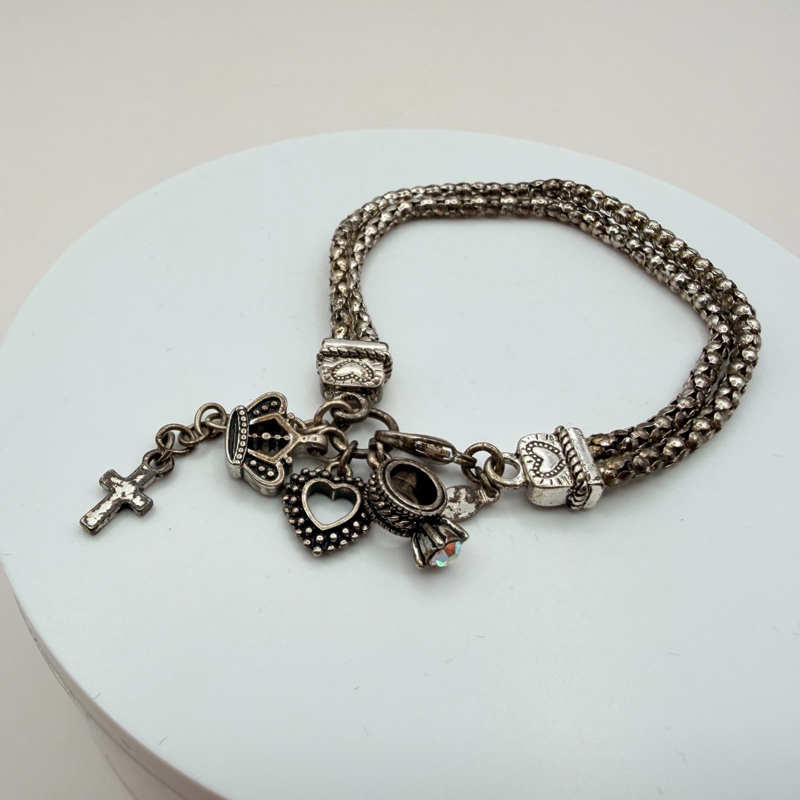 Vintage 90s Silver Tone AB Rhinestone Charm Bracelet Religious Women's Jewelry - Thumbnail 5