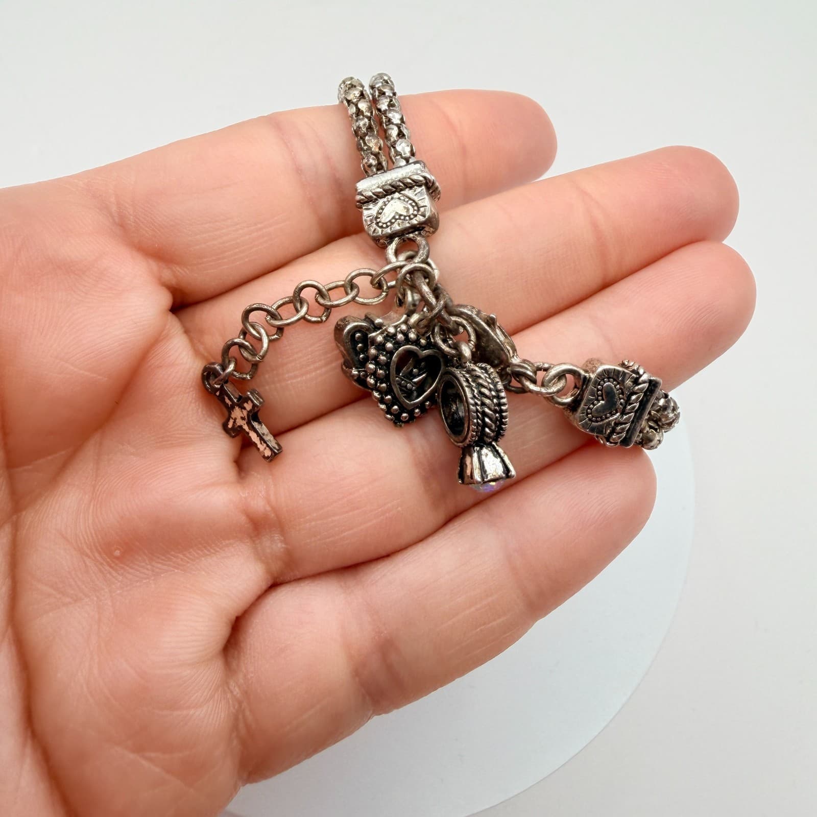 Vintage 90s Silver Tone AB Rhinestone Charm Bracelet Religious Women's Jewelry - Thumbnail 7