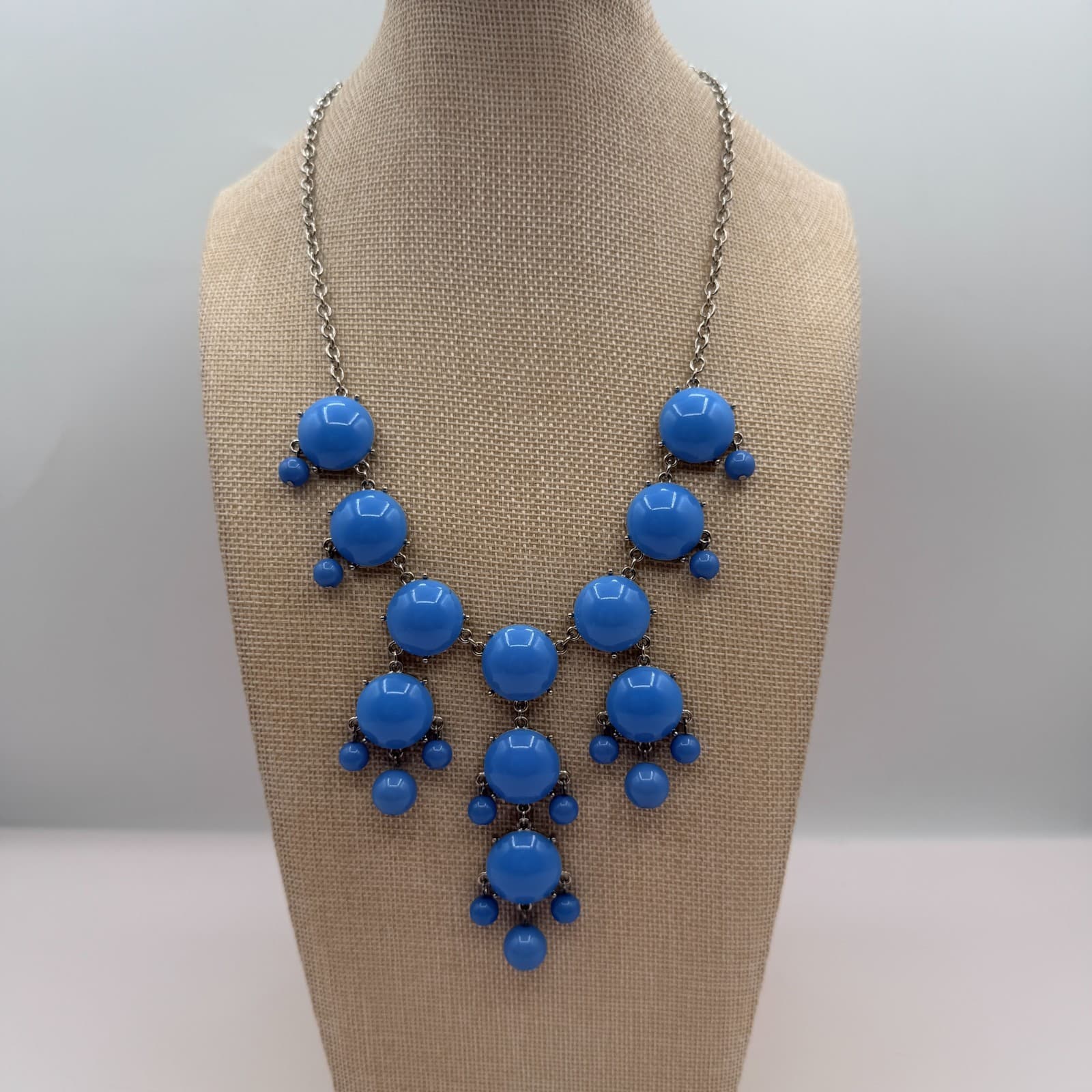 Vintage Y2K Silver Tone Blue Beaded Bib Necklace Statement Women's Jewelry - Image 1