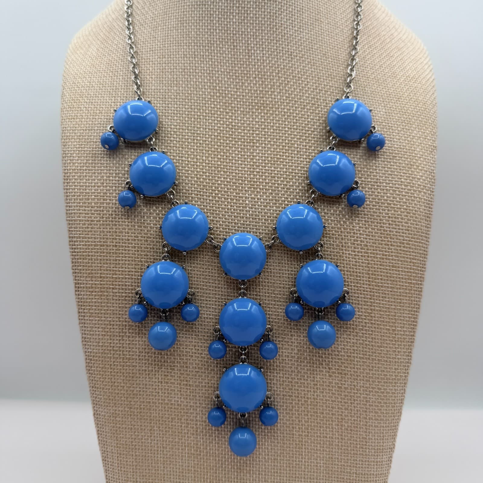 Vintage Y2K Silver Tone Blue Beaded Bib Necklace Statement Women's Jewelry - Thumbnail 2