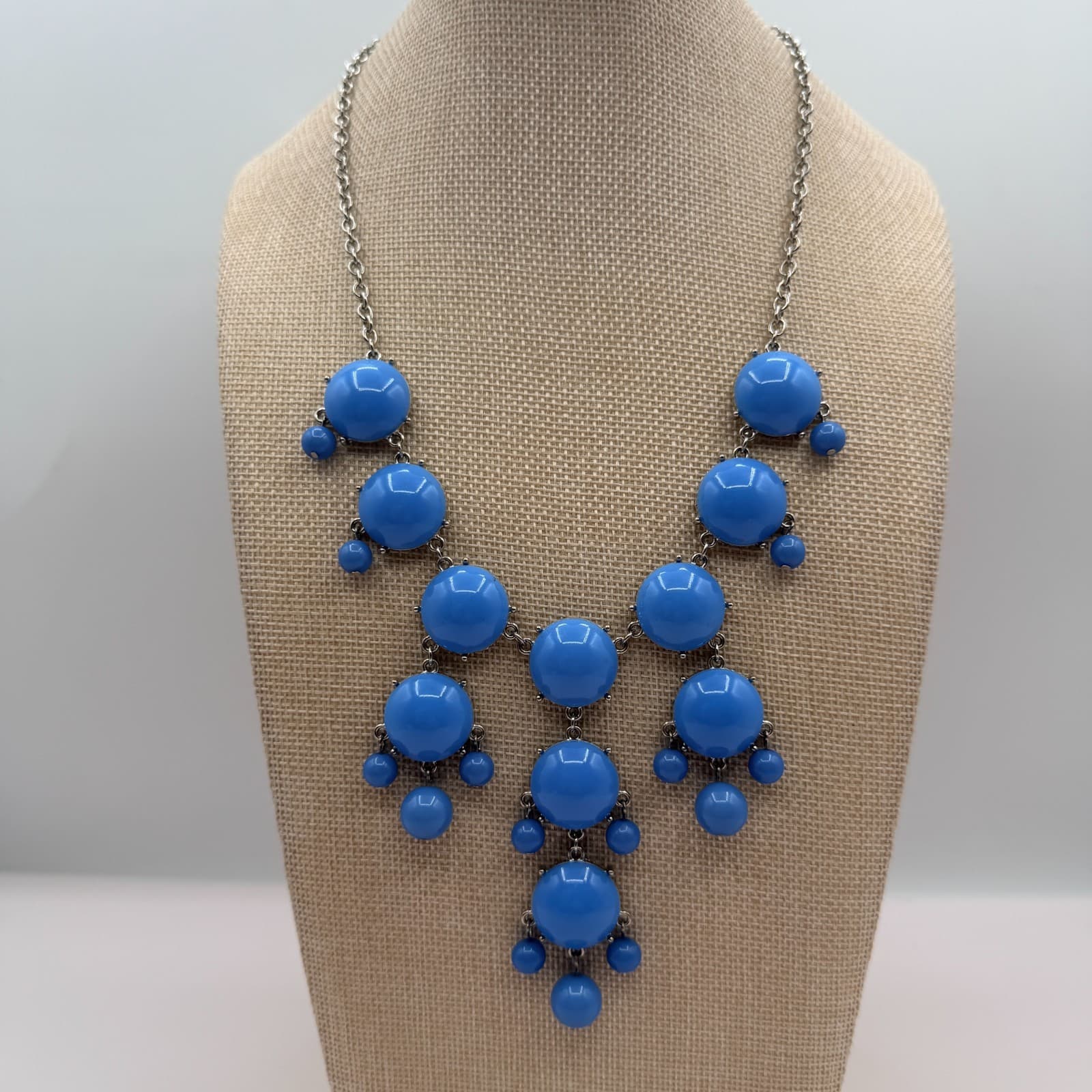 Vintage Y2K Silver Tone Blue Beaded Bib Necklace Statement Women's Jewelry - Thumbnail 3