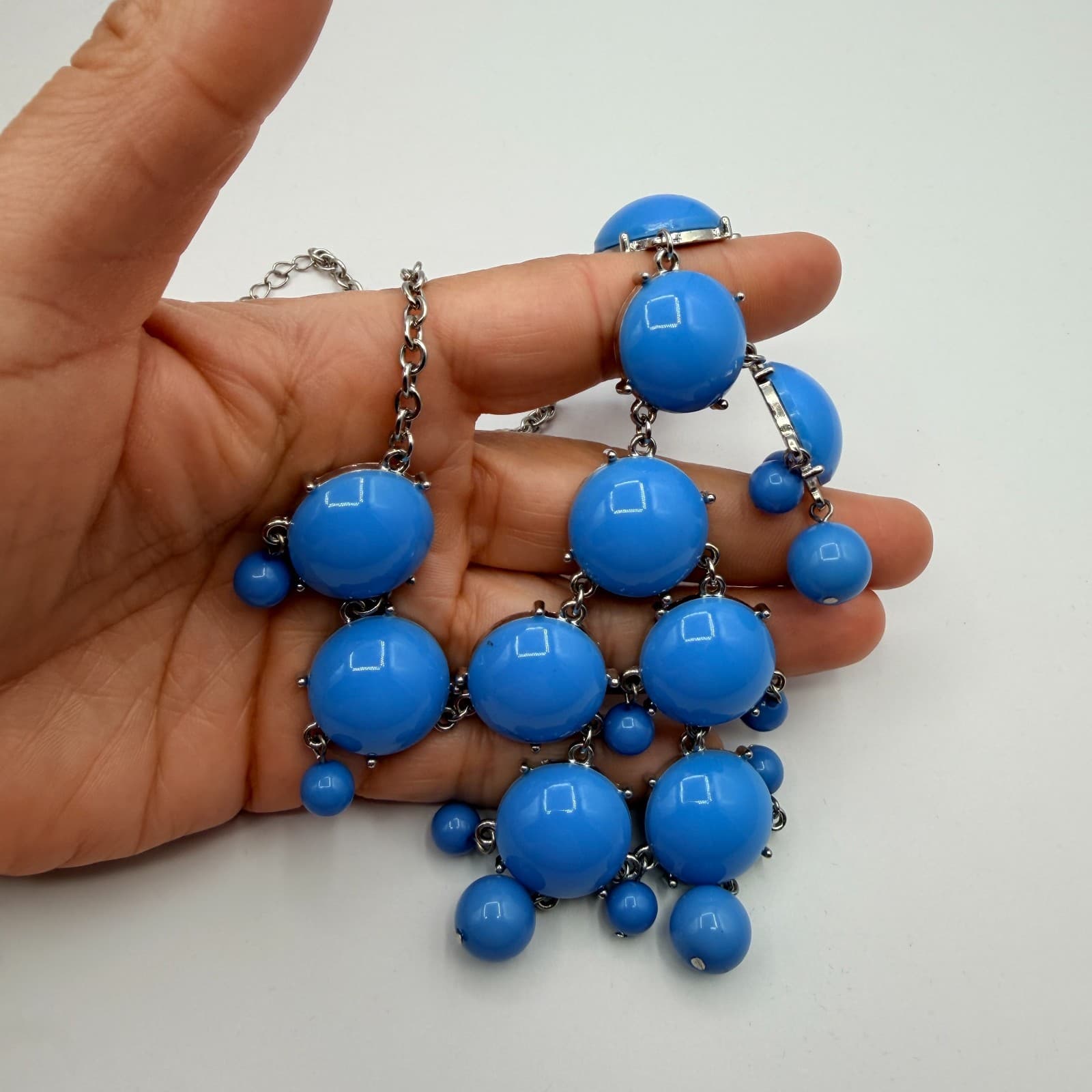 Vintage Y2K Silver Tone Blue Beaded Bib Necklace Statement Women's Jewelry - Thumbnail 8