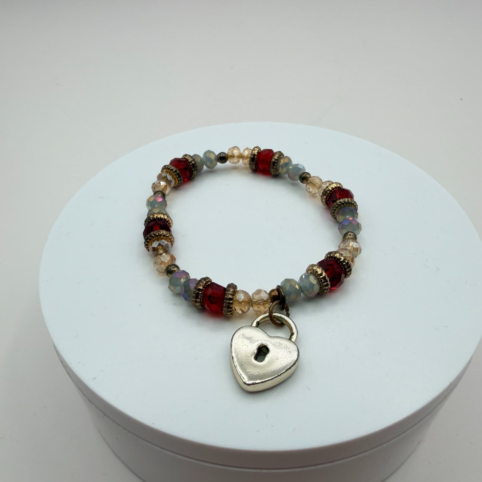 Vintage Y2K Women's Boho Beaded Stretch Bracelet Heart Padlock Charm Jewelry - Image 1