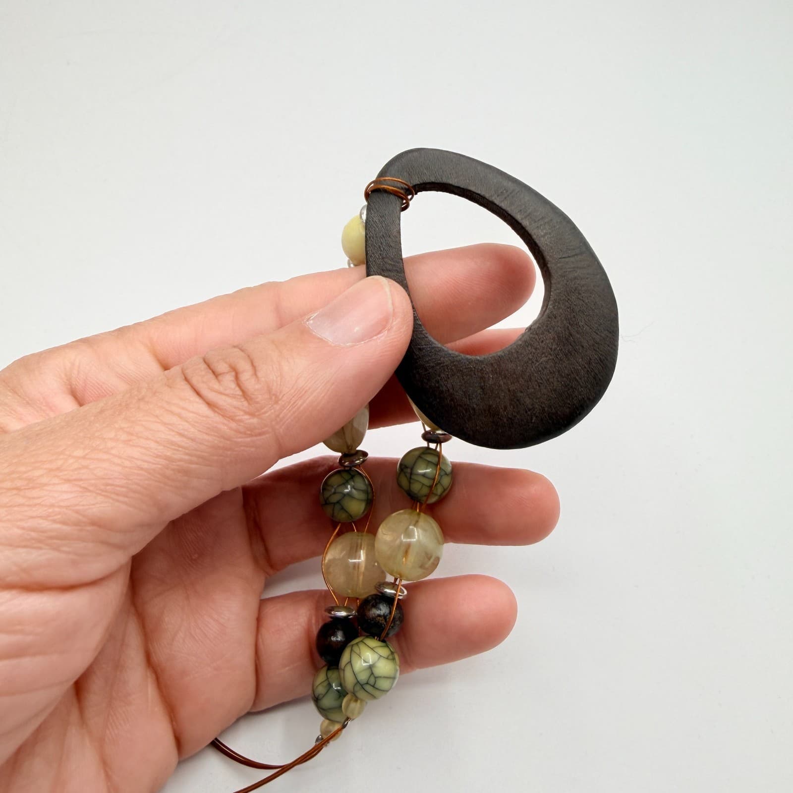 Vintage 90s Handcrafted Mixed Media Statement Necklace Wood & Serpentine Jewelry - Thumbnail 7