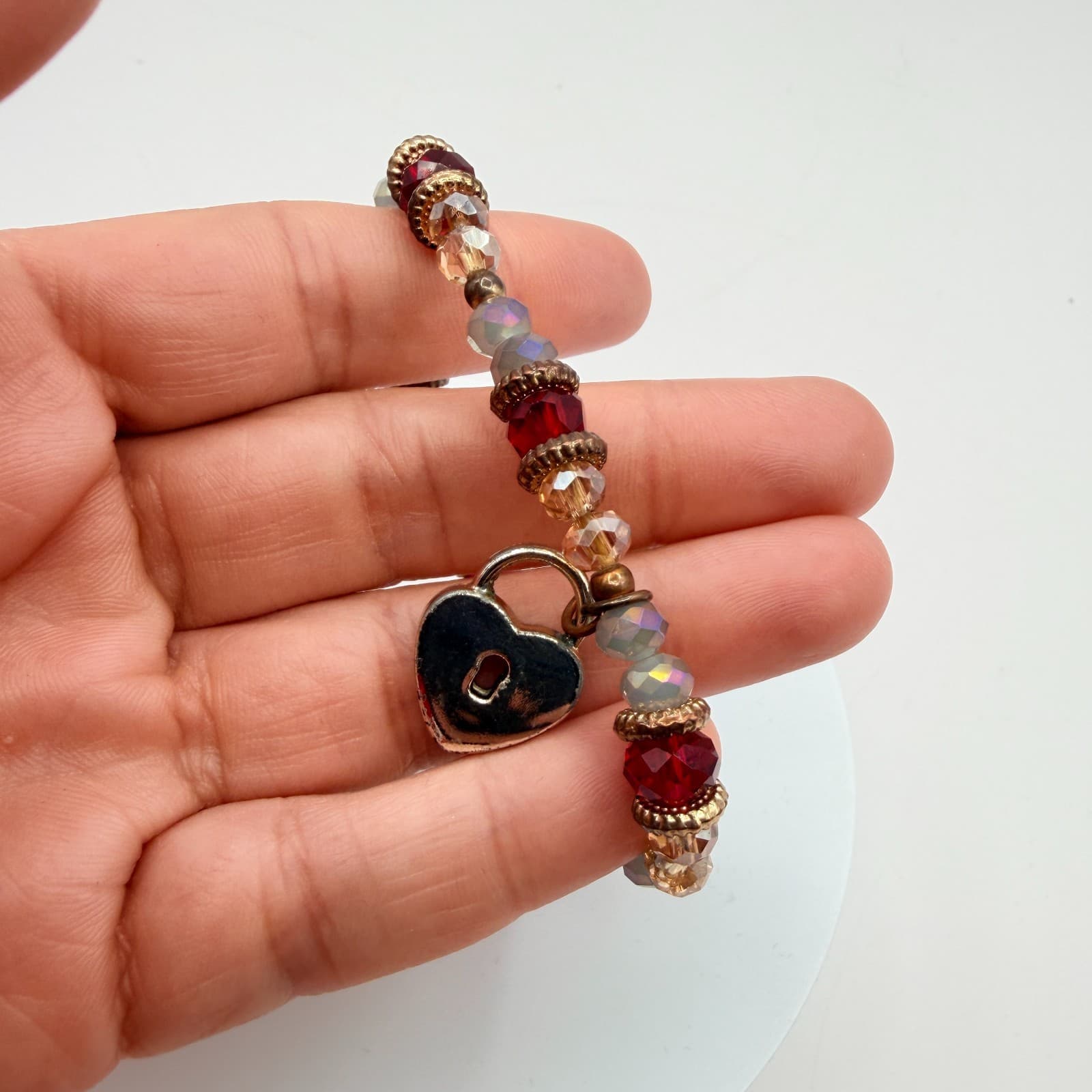 Vintage Y2K Women's Boho Beaded Stretch Bracelet Heart Padlock Charm Jewelry - Thumbnail 3