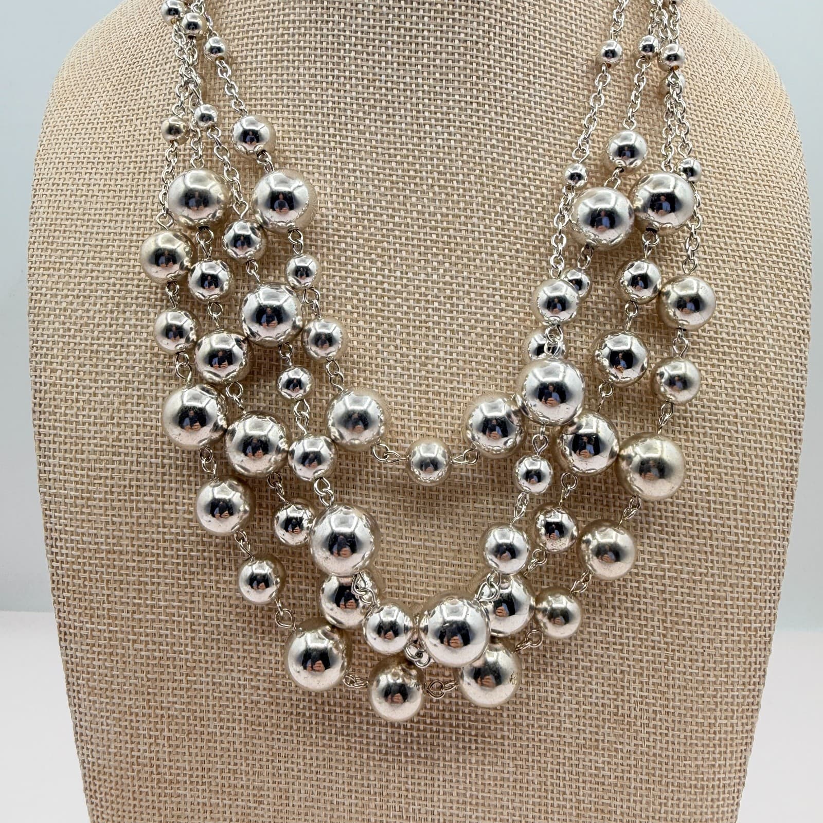 Vintage 80s Strand Silver Tone Ball Beaded Collar Necklace Statement Bib Jewelry - Thumbnail 3