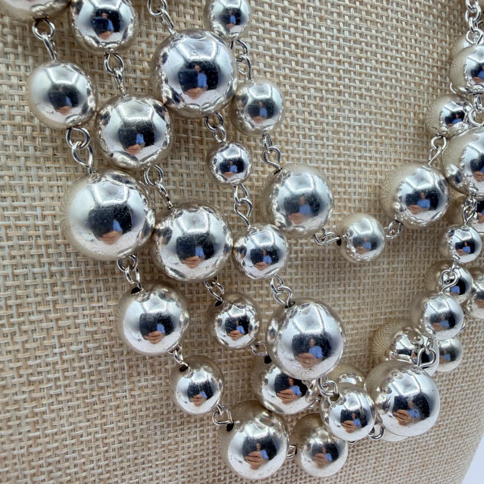 Vintage 80s Strand Silver Tone Ball Beaded Collar Necklace Statement Bib Jewelry - Thumbnail 5
