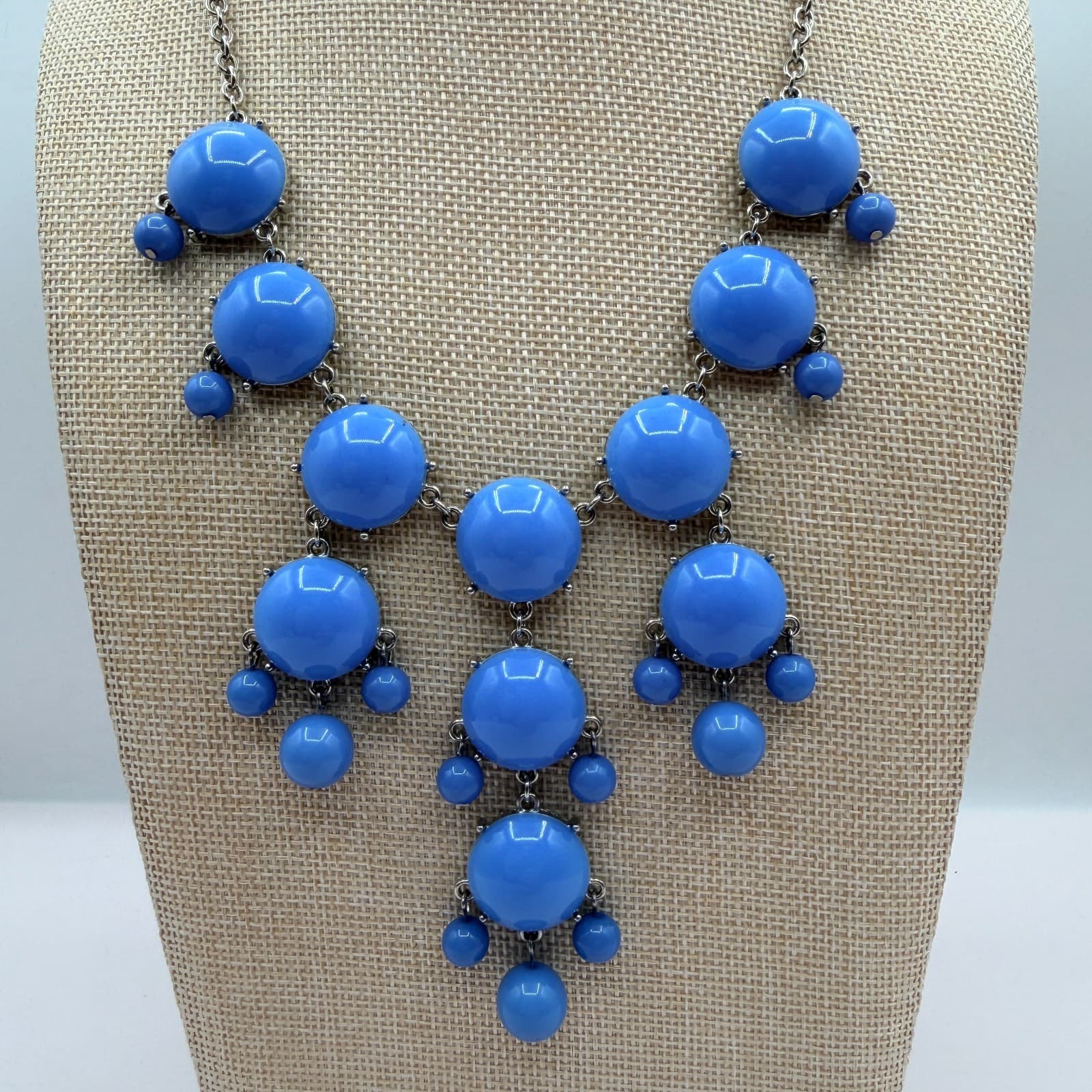 Vintage Y2K Silver Tone Blue Beaded Bib Necklace Statement Women's Jewelry - Thumbnail 4