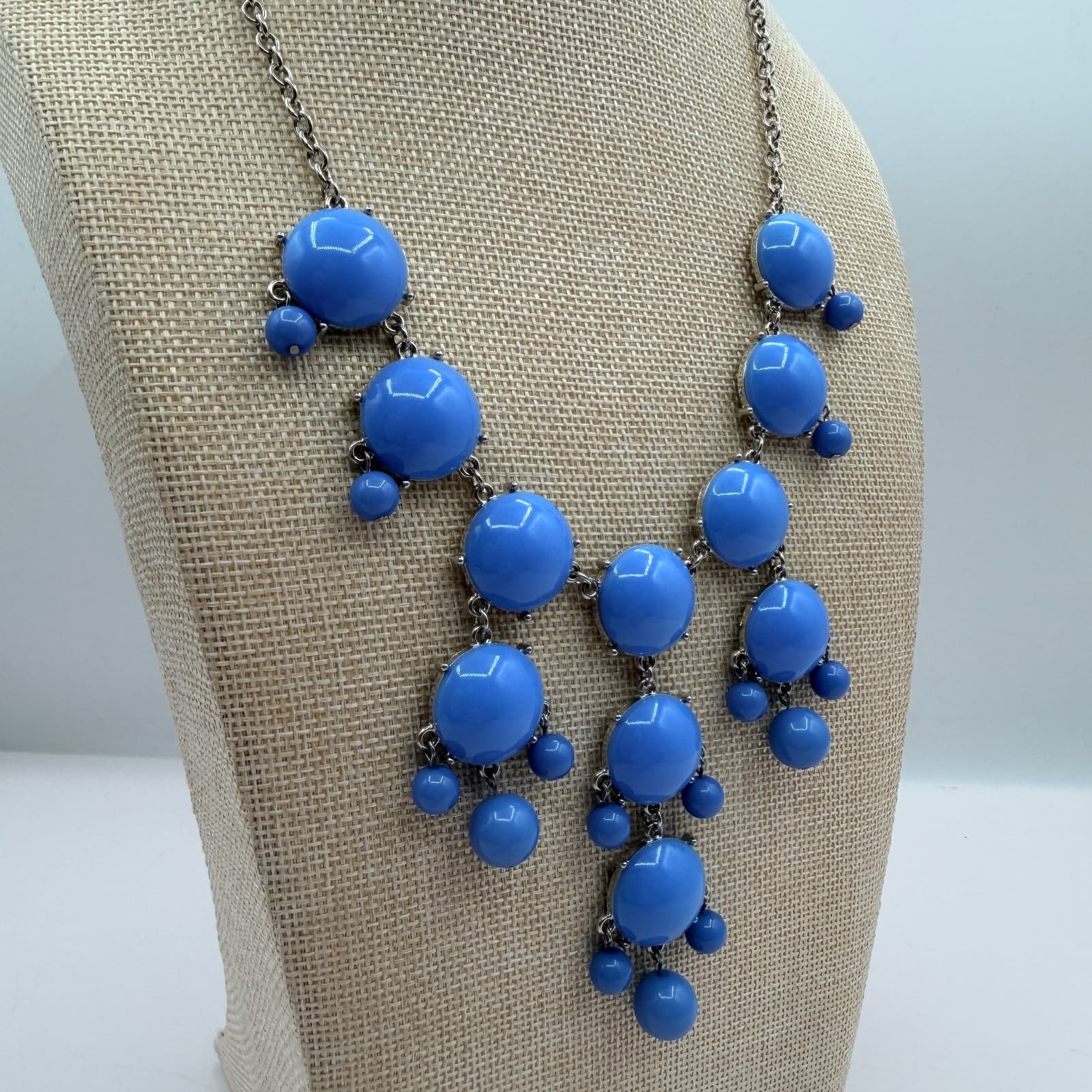 Vintage Y2K Silver Tone Blue Beaded Bib Necklace Statement Women's Jewelry - Thumbnail 5