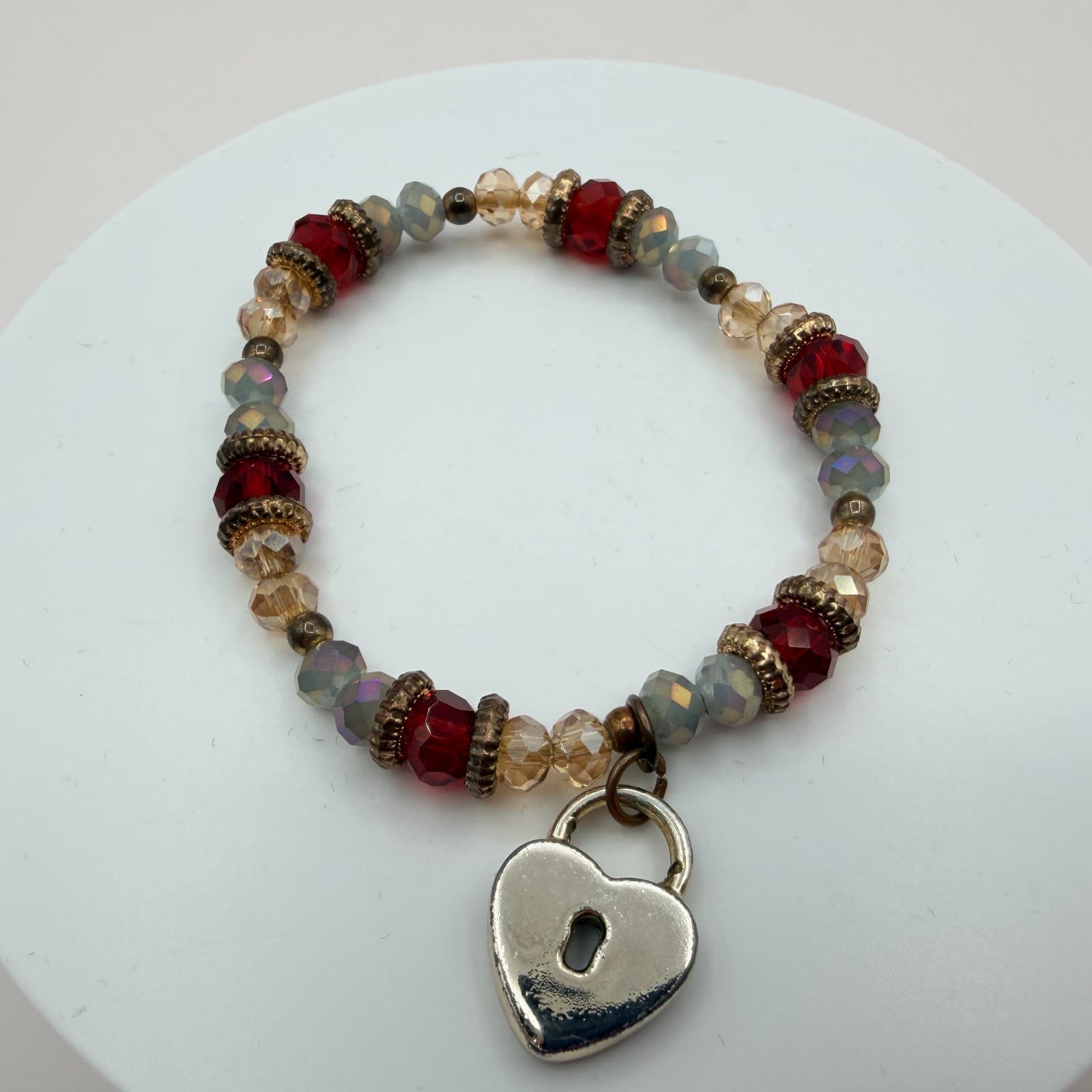 Vintage Y2K Women's Boho Beaded Stretch Bracelet Heart Padlock Charm Jewelry - Thumbnail 7