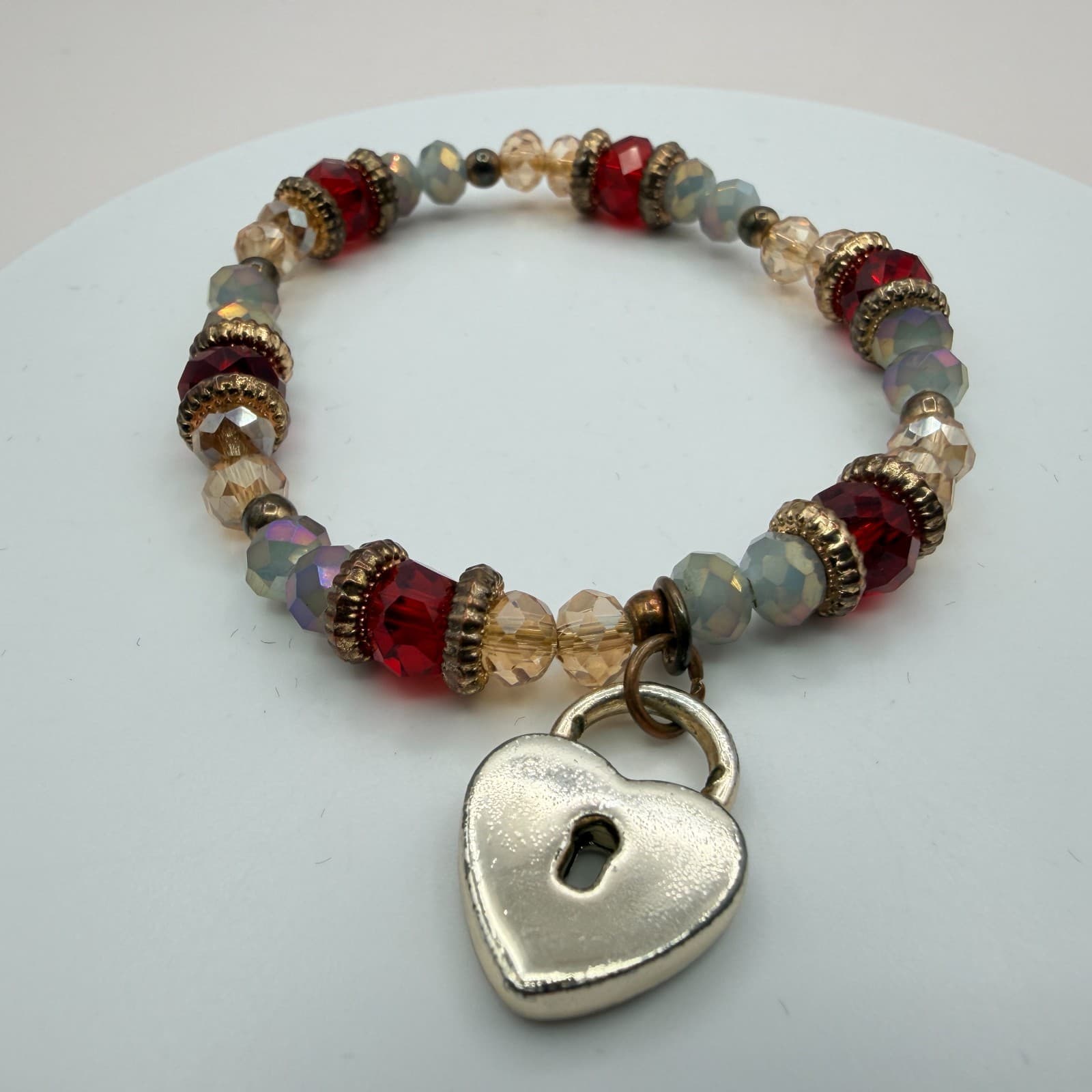 Vintage Y2K Women's Boho Beaded Stretch Bracelet Heart Padlock Charm Jewelry - Thumbnail 8