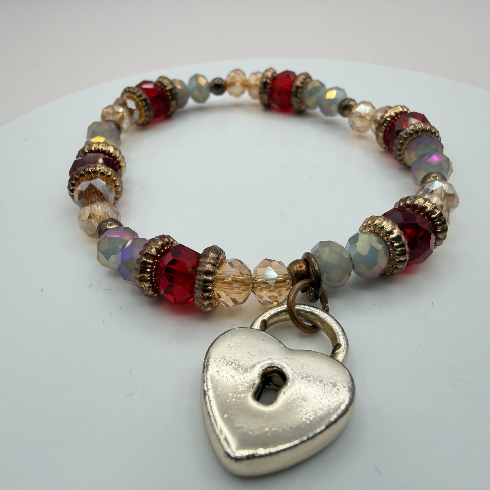 Vintage Y2K Women's Boho Beaded Stretch Bracelet Heart Padlock Charm Jewelry - Thumbnail 6