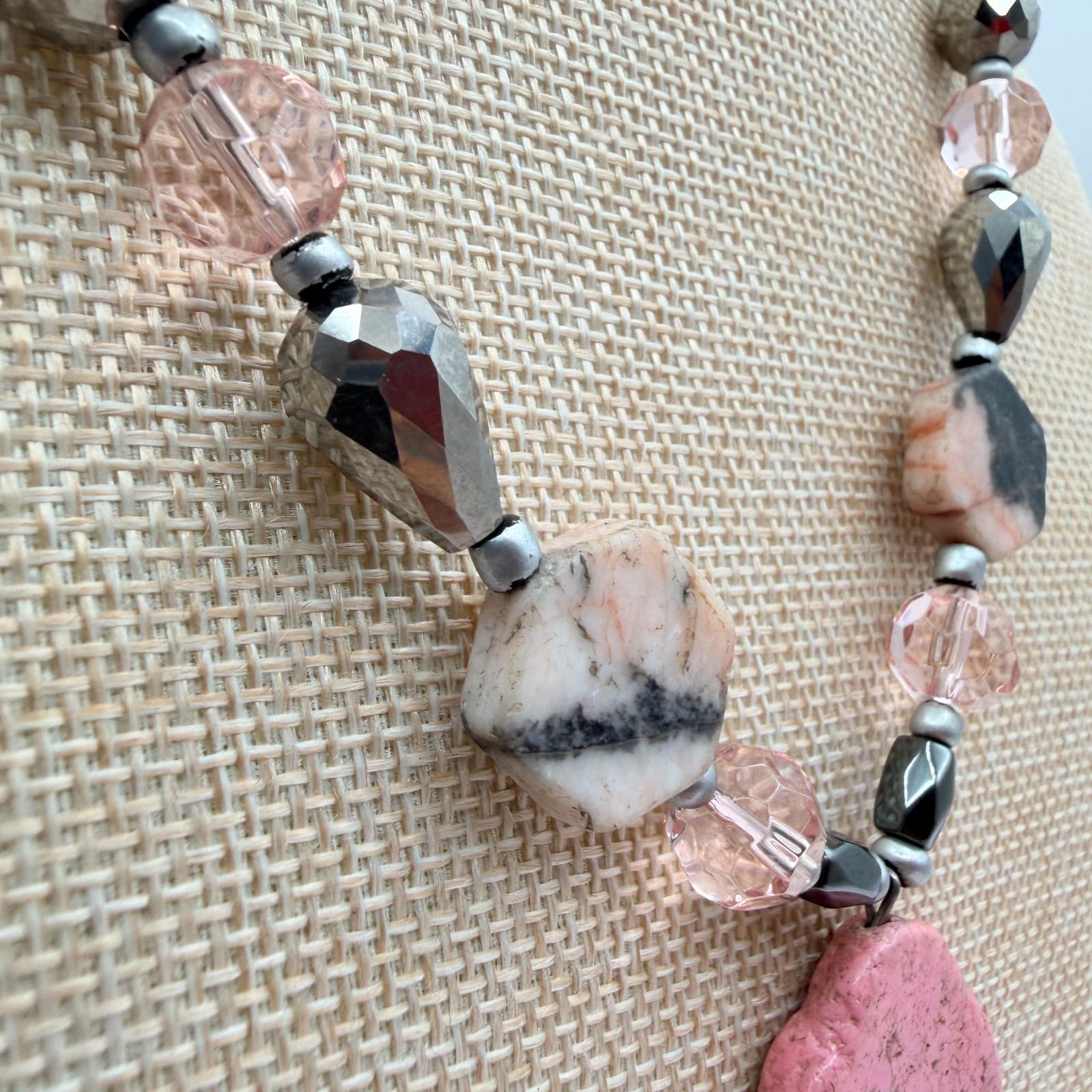 Vintage 90s Pink Stone Statement Necklace Glass Beaded Boho Fashion Jewelry - Thumbnail 6