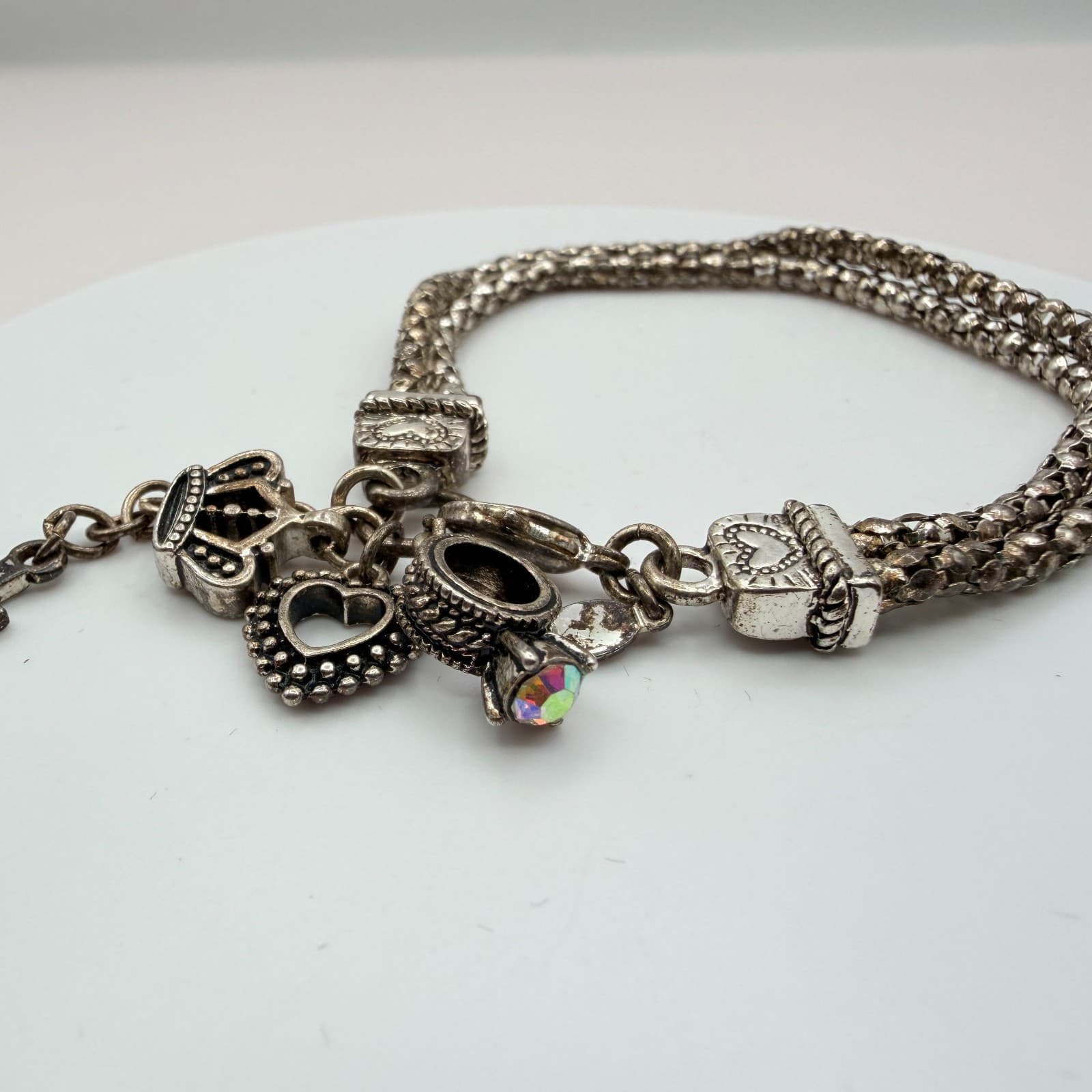 Vintage 90s Silver Tone AB Rhinestone Charm Bracelet Religious Women's Jewelry - Thumbnail 6