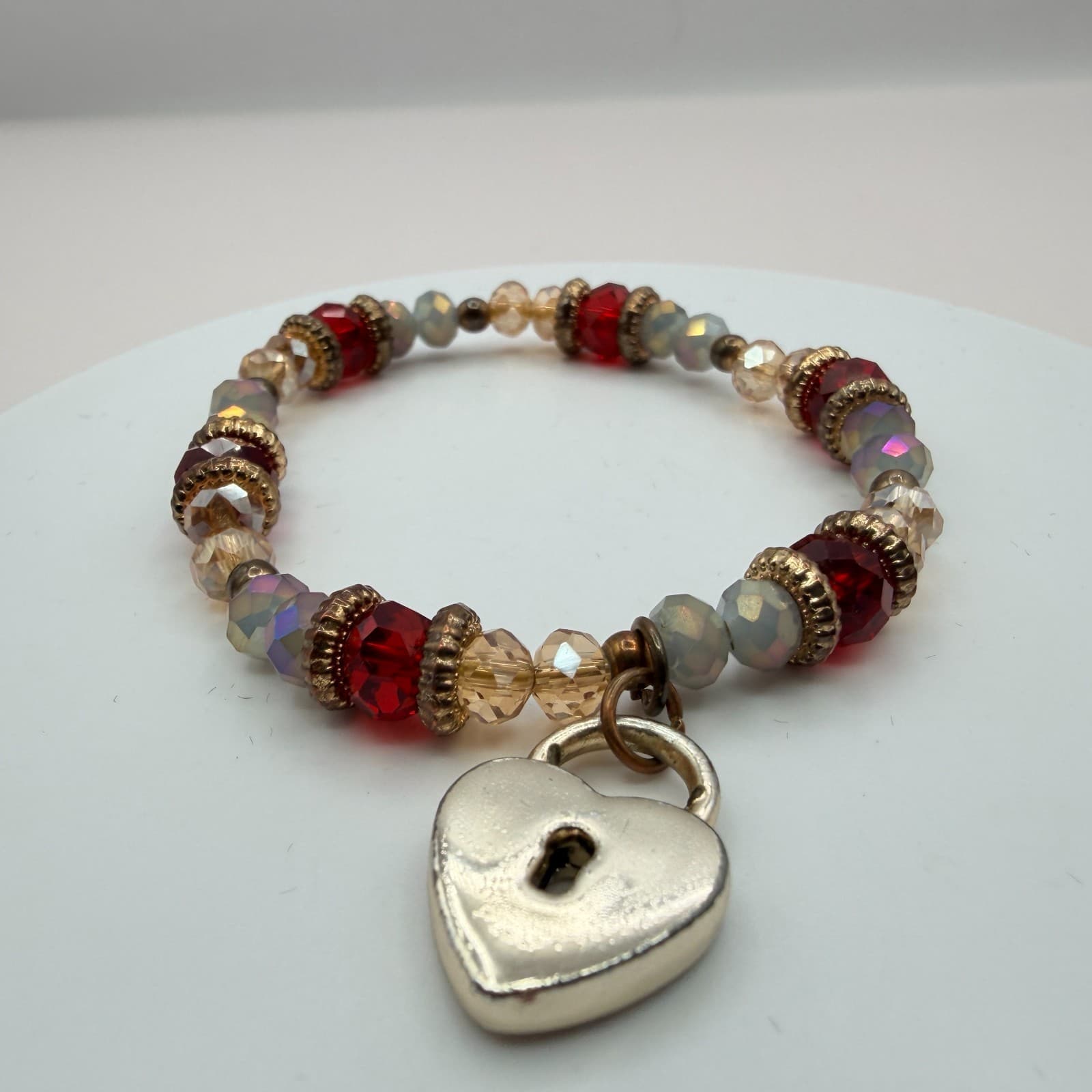 Vintage Y2K Women's Boho Beaded Stretch Bracelet Heart Padlock Charm Jewelry - Thumbnail 5