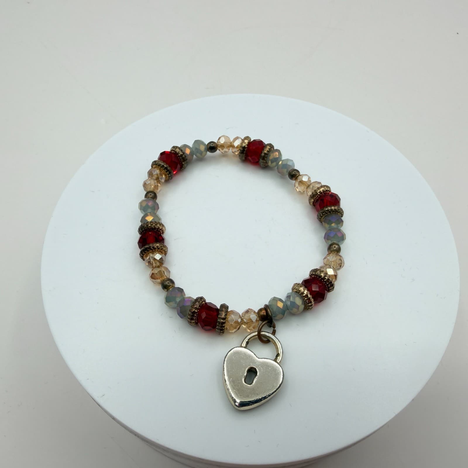 Vintage Y2K Women's Boho Beaded Stretch Bracelet Heart Padlock Charm Jewelry - Thumbnail 9