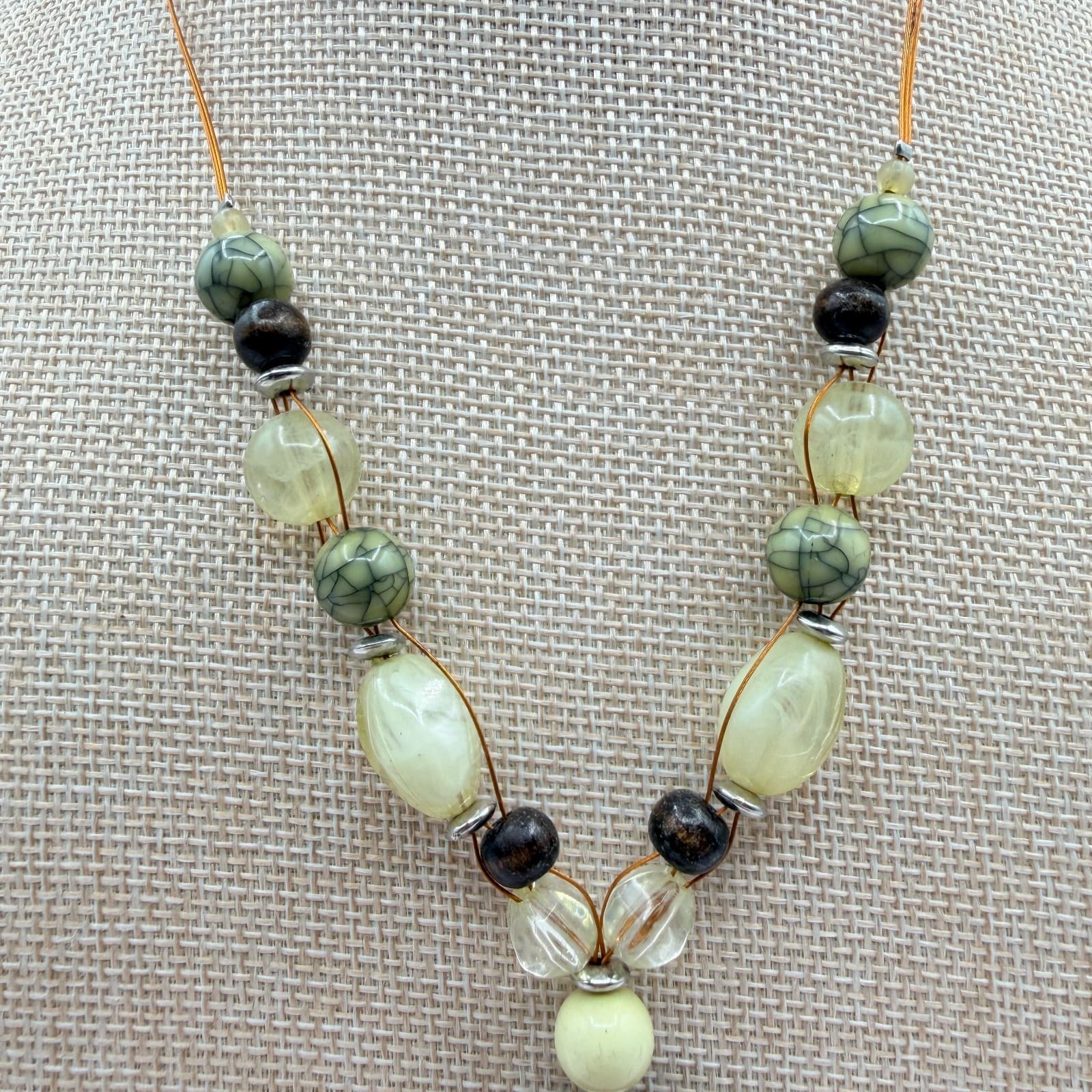 Vintage 90s Handcrafted Mixed Media Statement Necklace Wood & Serpentine Jewelry - Thumbnail 4