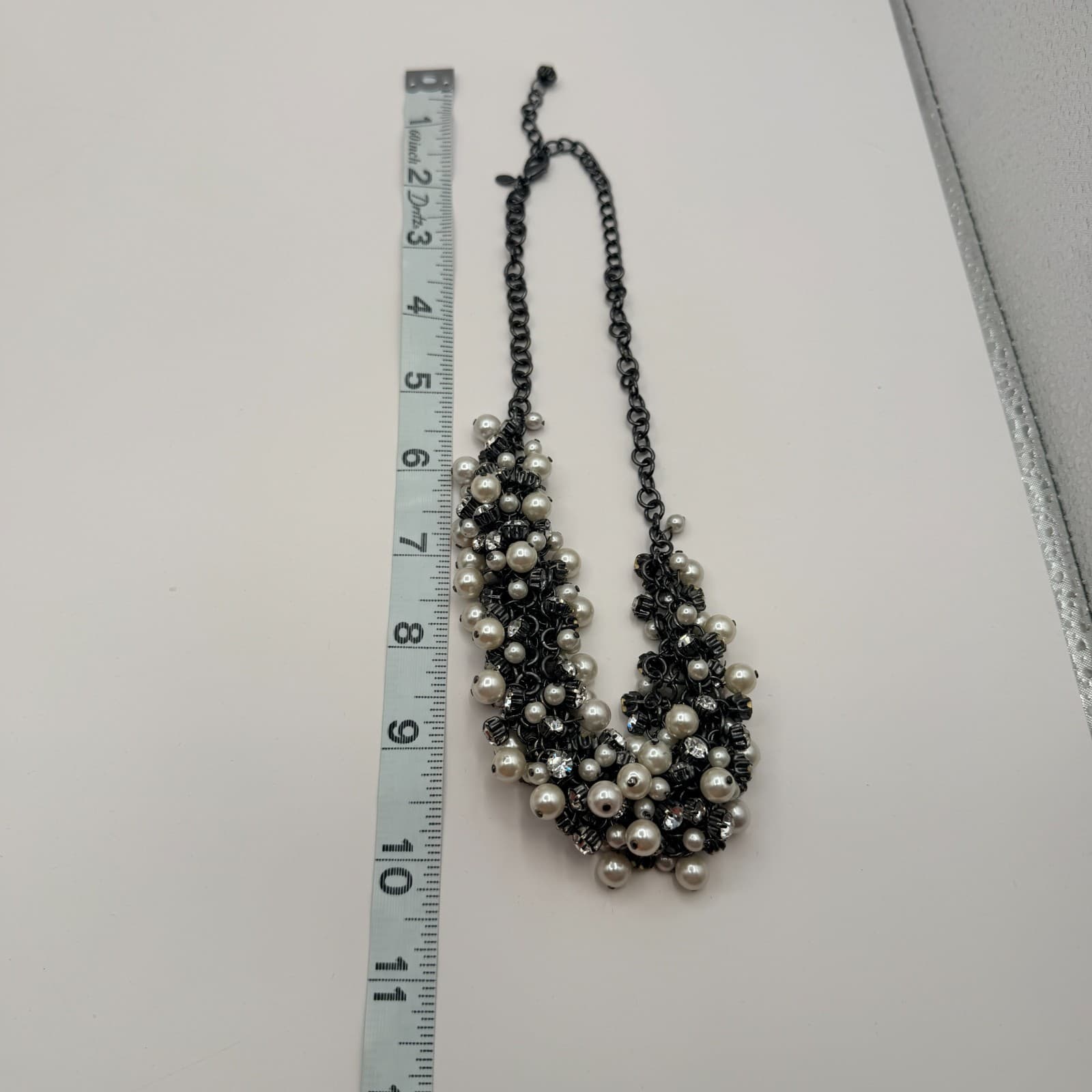 Vintage 90s Gunmetal Tone Faux Pearl Rhinestone Bib Necklace Women's Jewelry - Thumbnail 11