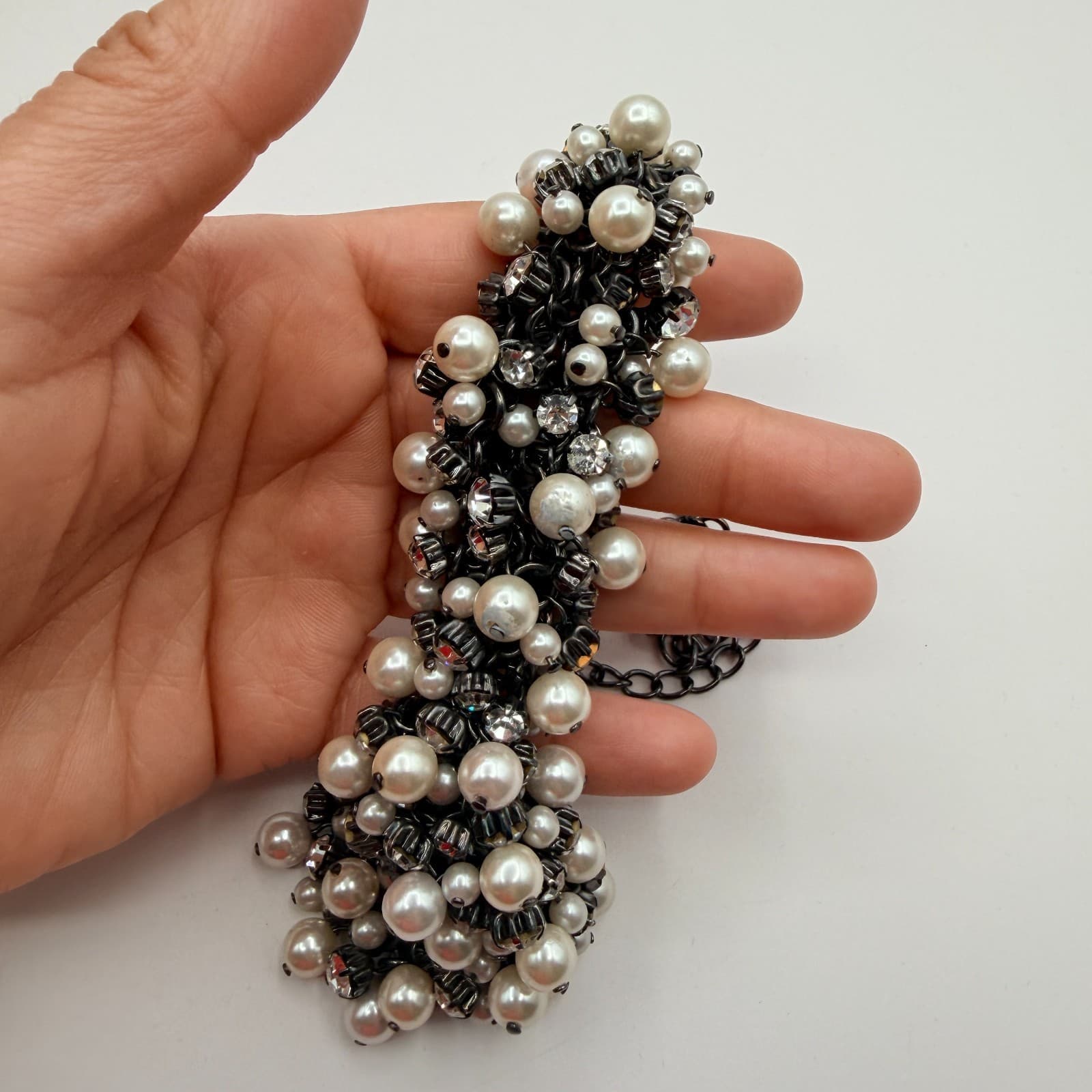 Vintage 90s Gunmetal Tone Faux Pearl Rhinestone Bib Necklace Women's Jewelry - Thumbnail 10