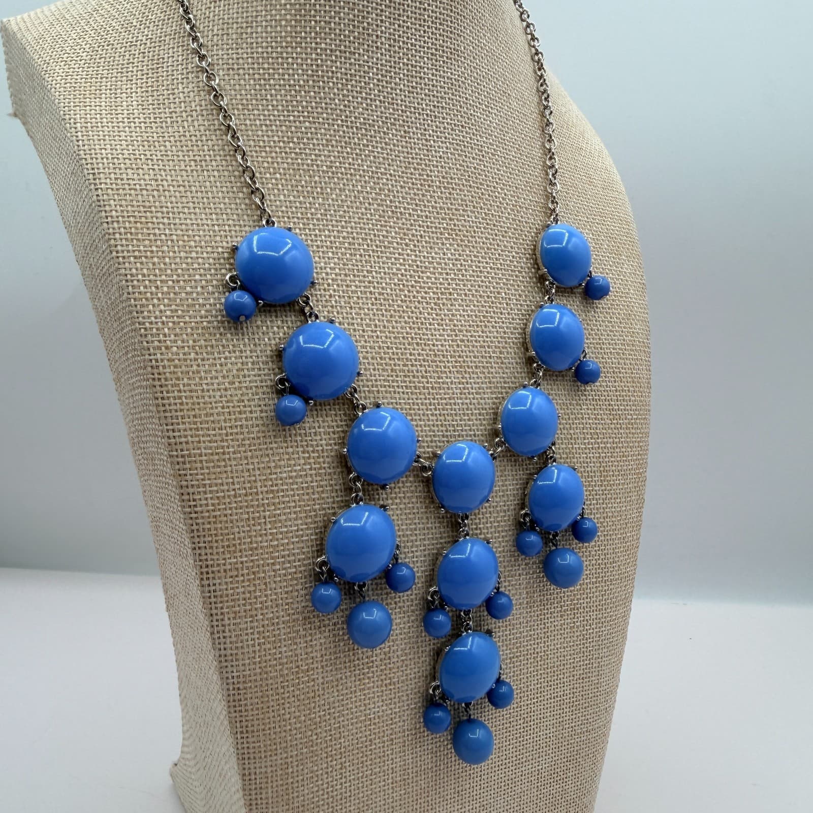 Vintage Y2K Silver Tone Blue Beaded Bib Necklace Statement Women's Jewelry - Thumbnail 6