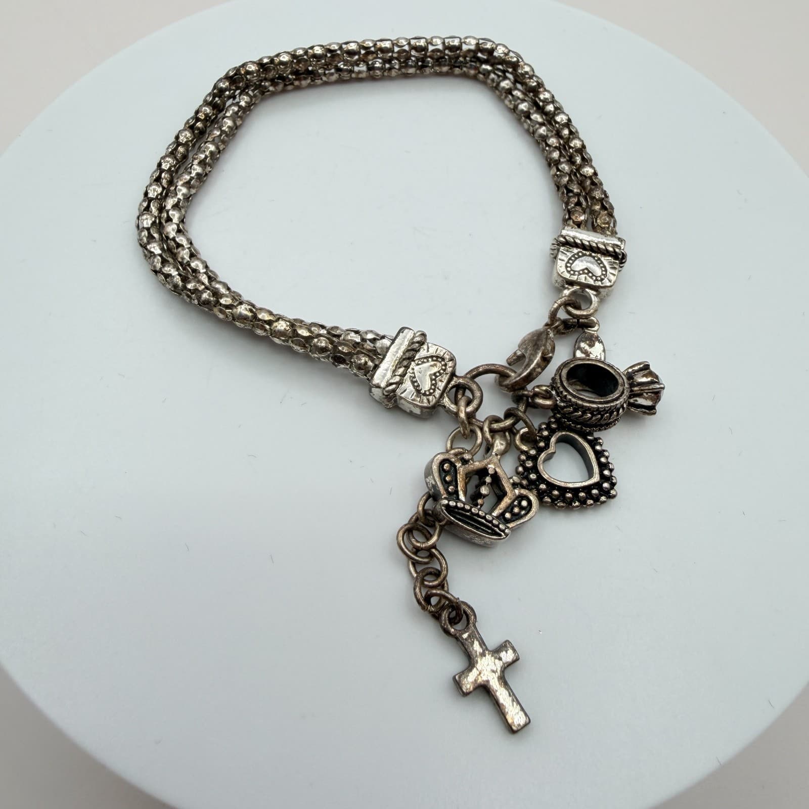 Vintage 90s Silver Tone AB Rhinestone Charm Bracelet Religious Women's Jewelry - Thumbnail 3