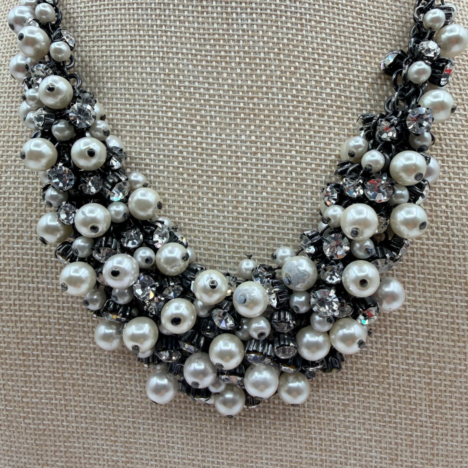 Vintage 90s Gunmetal Tone Faux Pearl Rhinestone Bib Necklace Women's Jewelry - Thumbnail 6