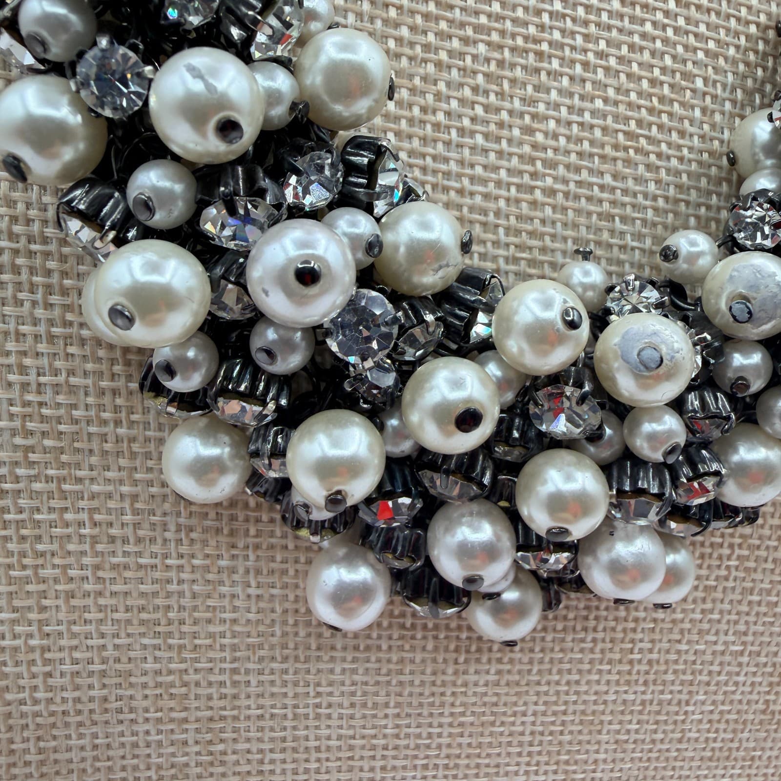 Vintage 90s Gunmetal Tone Faux Pearl Rhinestone Bib Necklace Women's Jewelry - Thumbnail 5