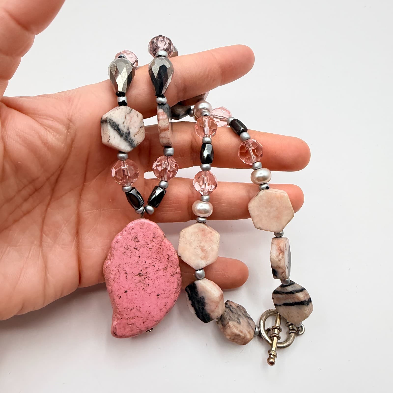 Vintage 90s Pink Stone Statement Necklace Glass Beaded Boho Fashion Jewelry - Thumbnail 11