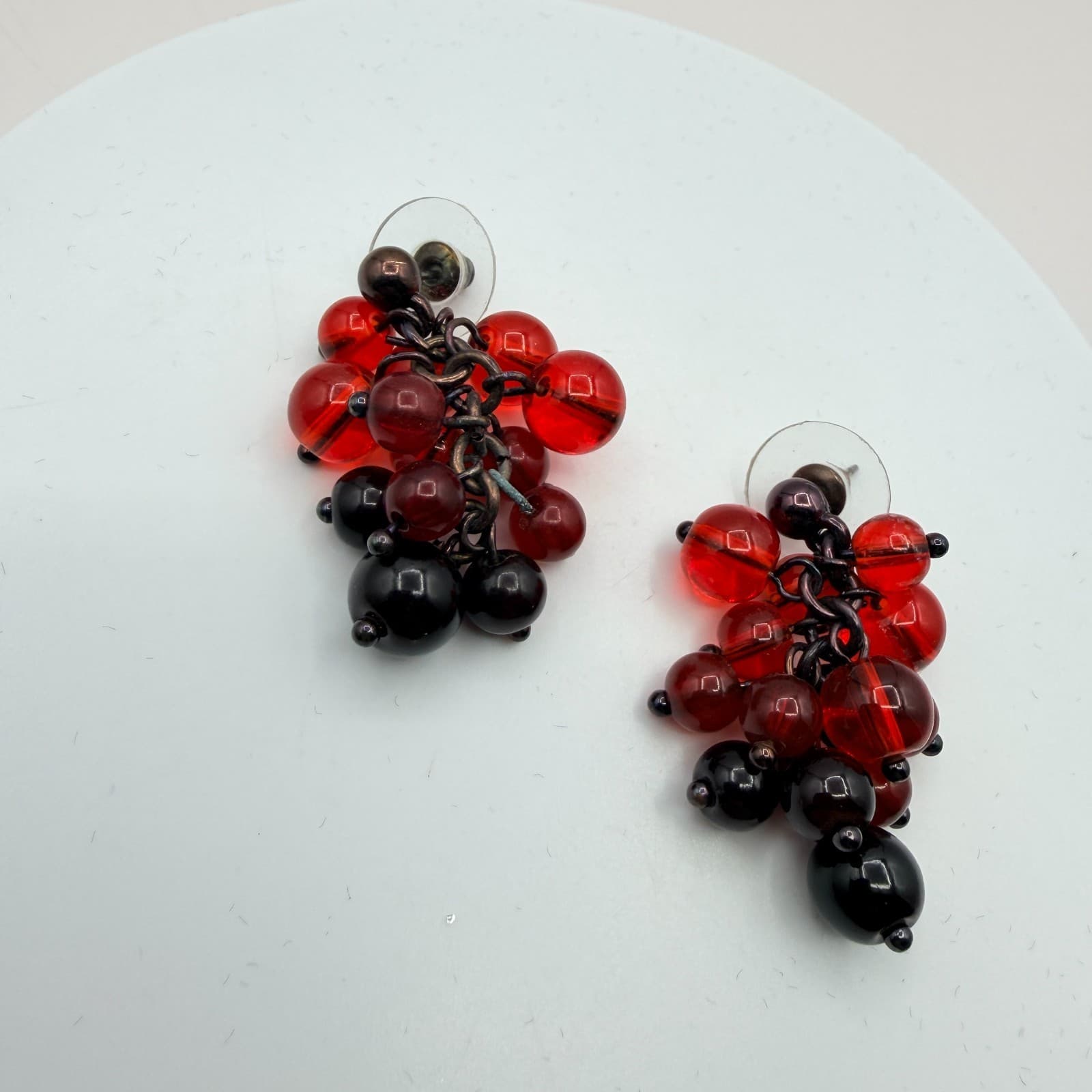 Vintage 80s Bohmian Garnet Glass Grape Cluster Dangle Earrings Statement Jewelry - Image 1