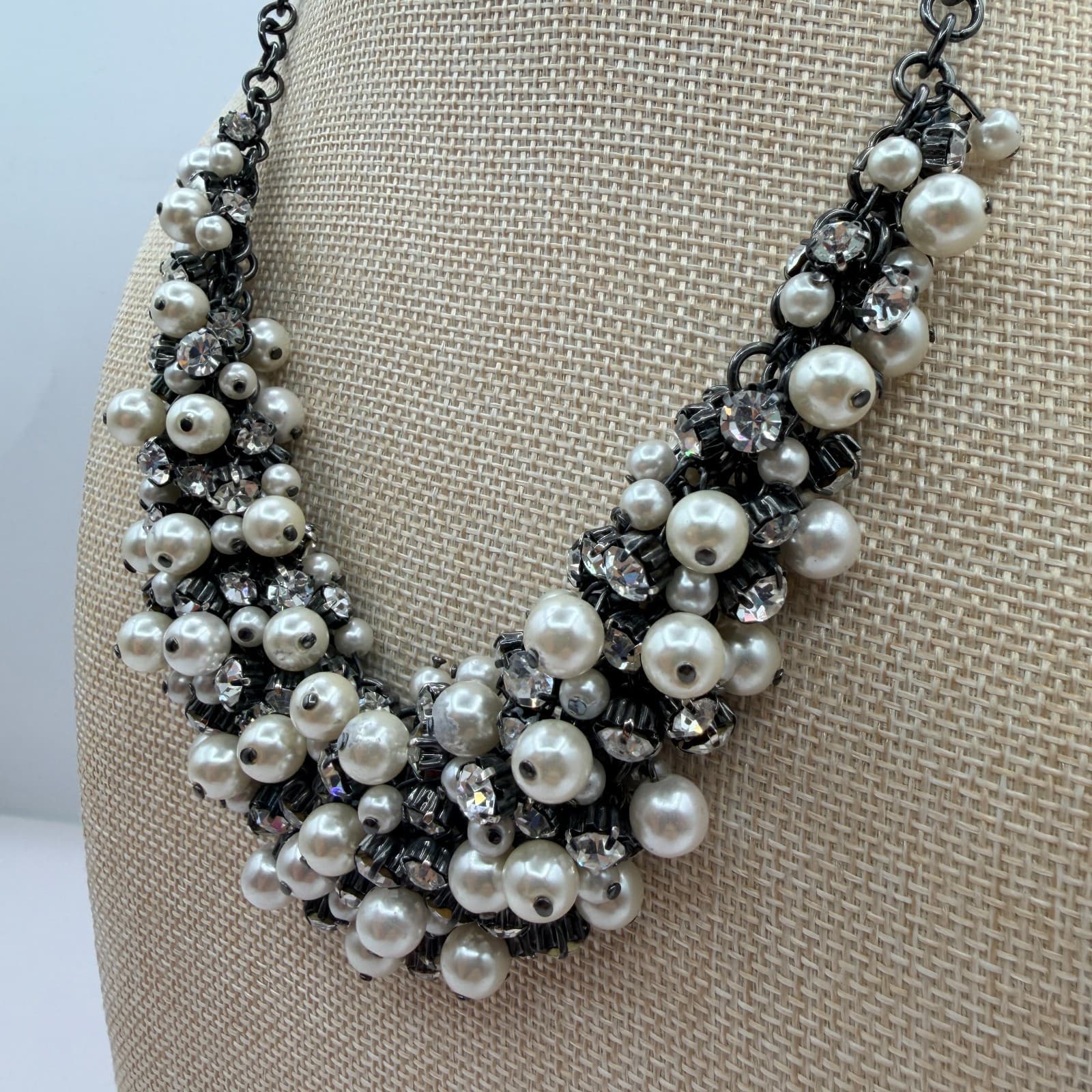 Vintage 90s Gunmetal Tone Faux Pearl Rhinestone Bib Necklace Women's Jewelry - Thumbnail 8