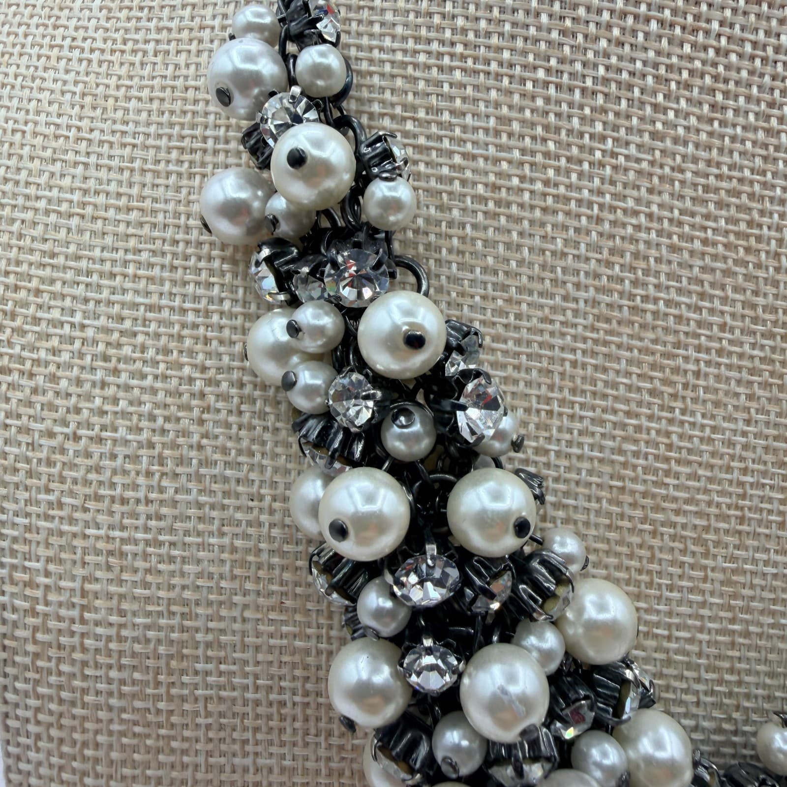 Vintage 90s Gunmetal Tone Faux Pearl Rhinestone Bib Necklace Women's Jewelry - Thumbnail 4