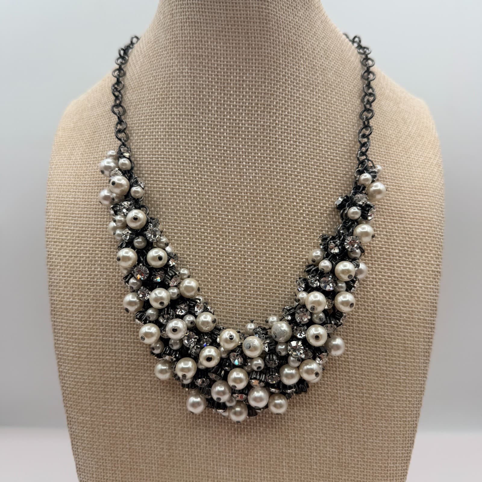 Vintage 90s Gunmetal Tone Faux Pearl Rhinestone Bib Necklace Women's Jewelry - Thumbnail 2