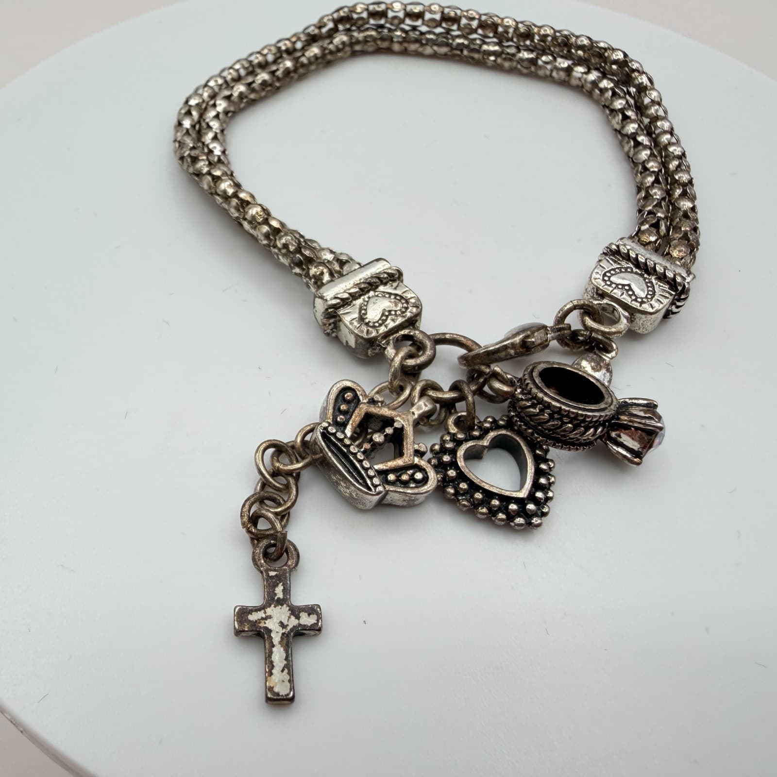 Vintage 90s Silver Tone AB Rhinestone Charm Bracelet Religious Women's Jewelry - Thumbnail 4