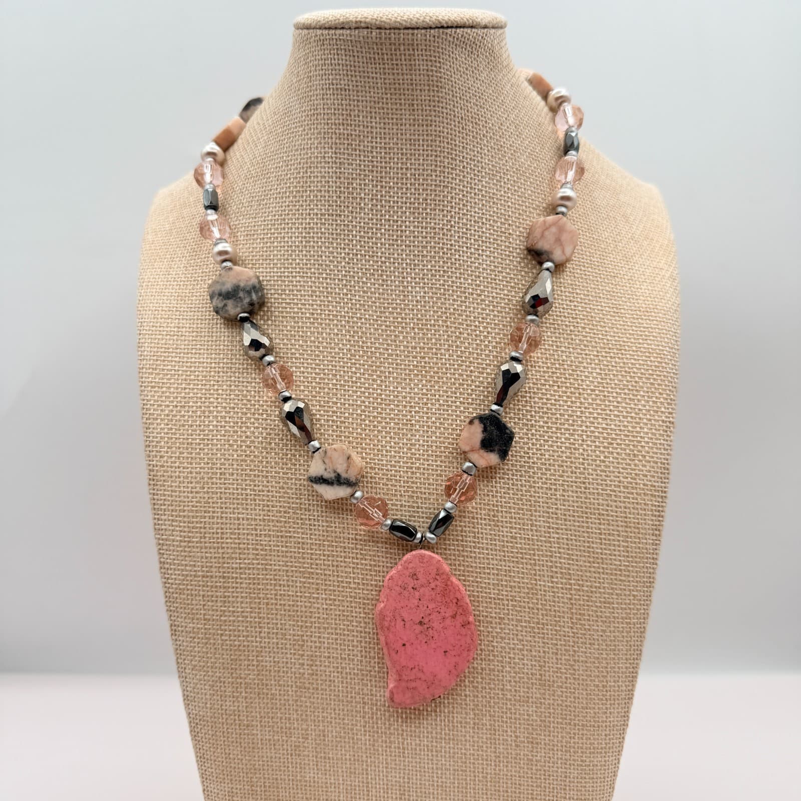 Vintage 90s Pink Stone Statement Necklace Glass Beaded Boho Fashion Jewelry - Thumbnail 4